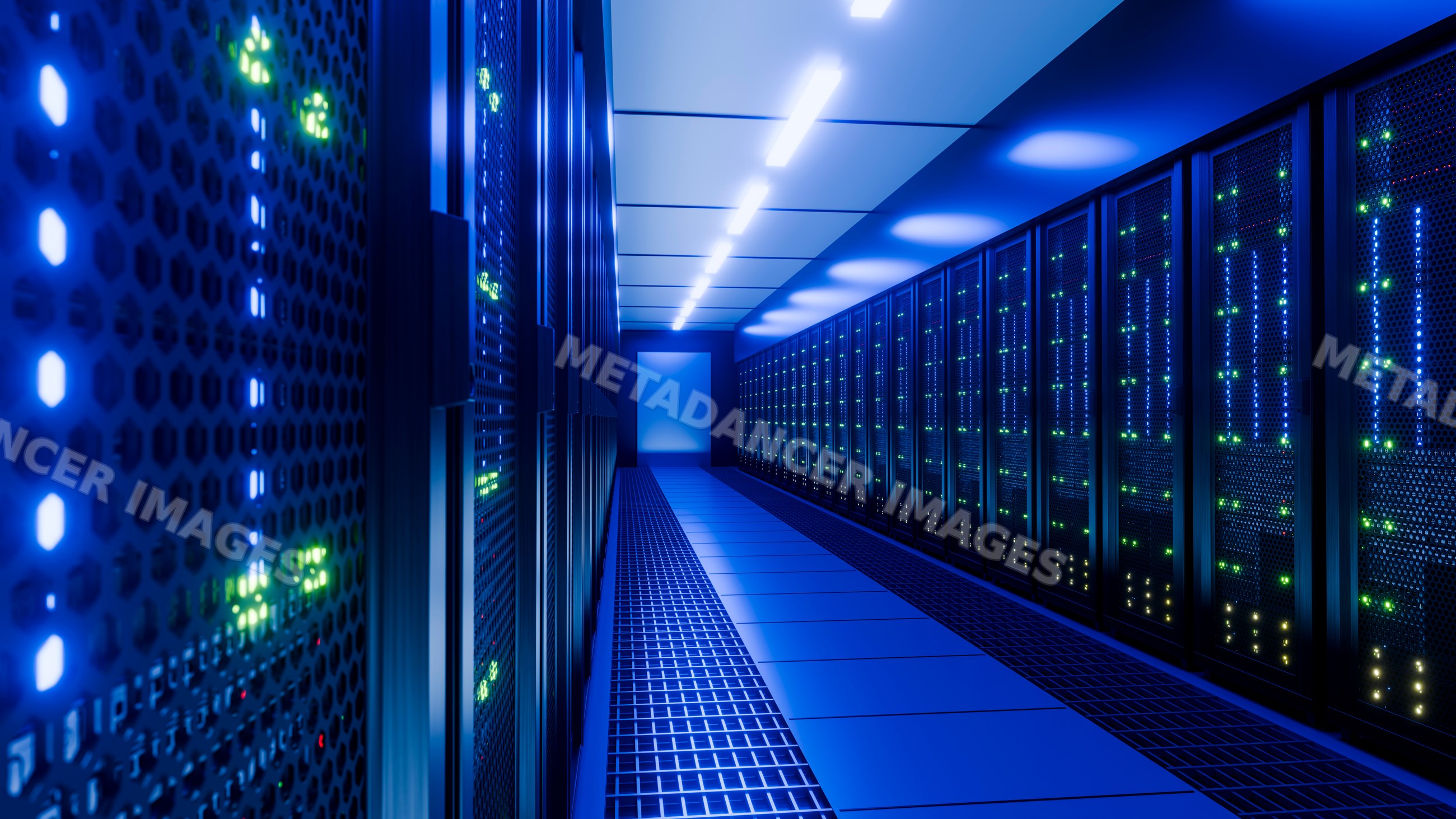 Corridor of glowing server racks under blue lighting in server room