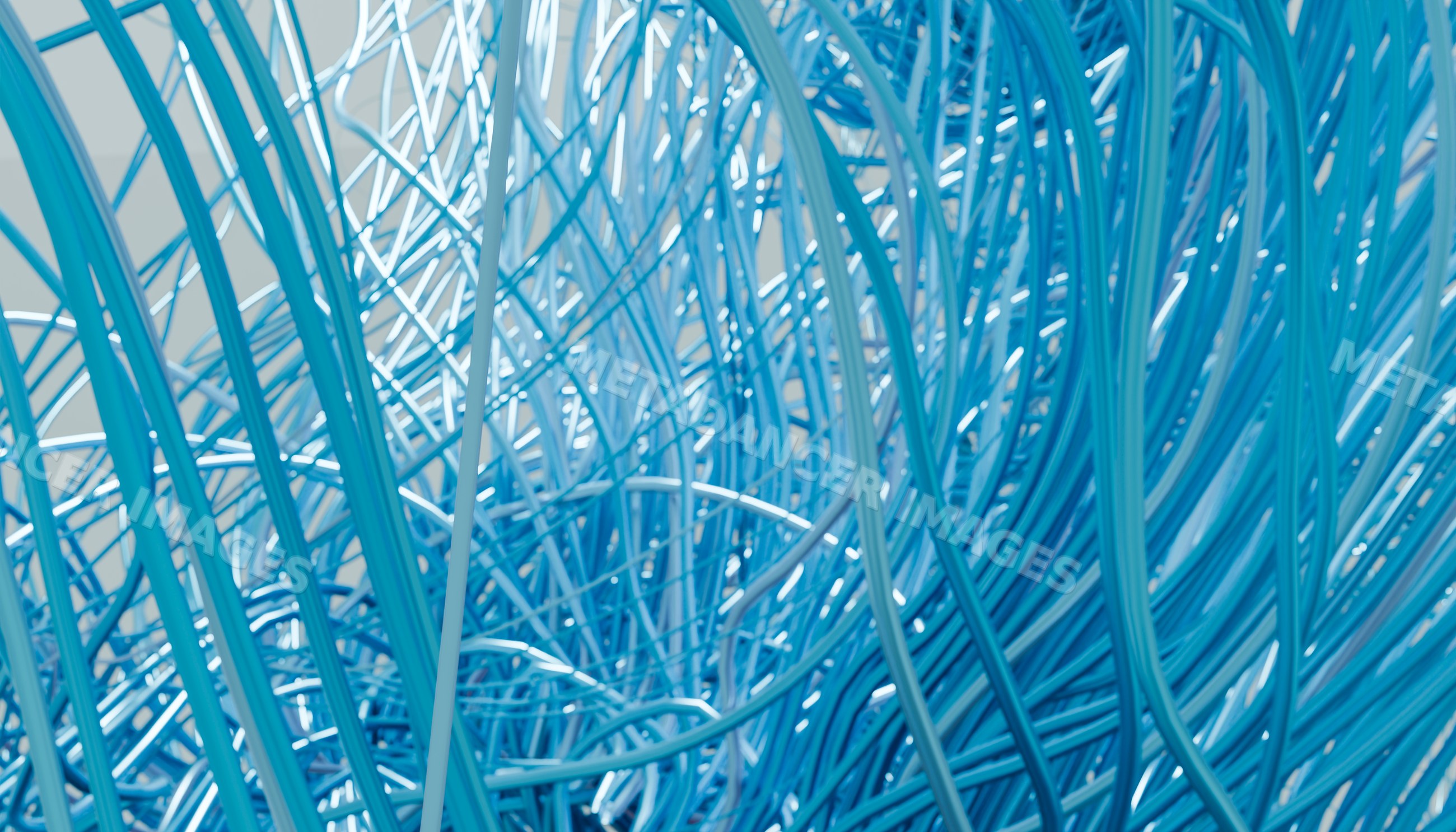 Close view of tangled blue network and communication wires