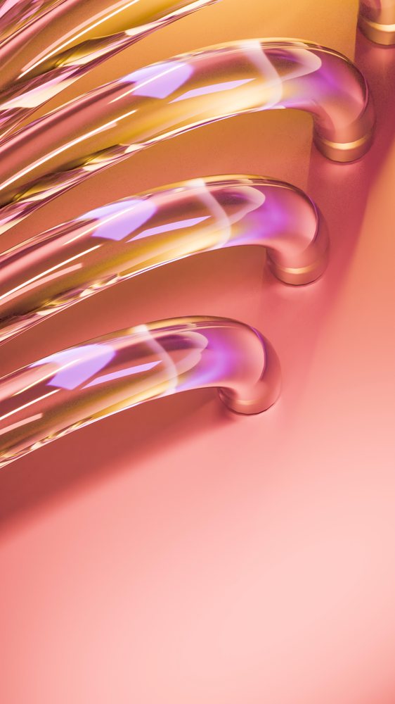 Abstract curved transparent tubes with colorful reflections