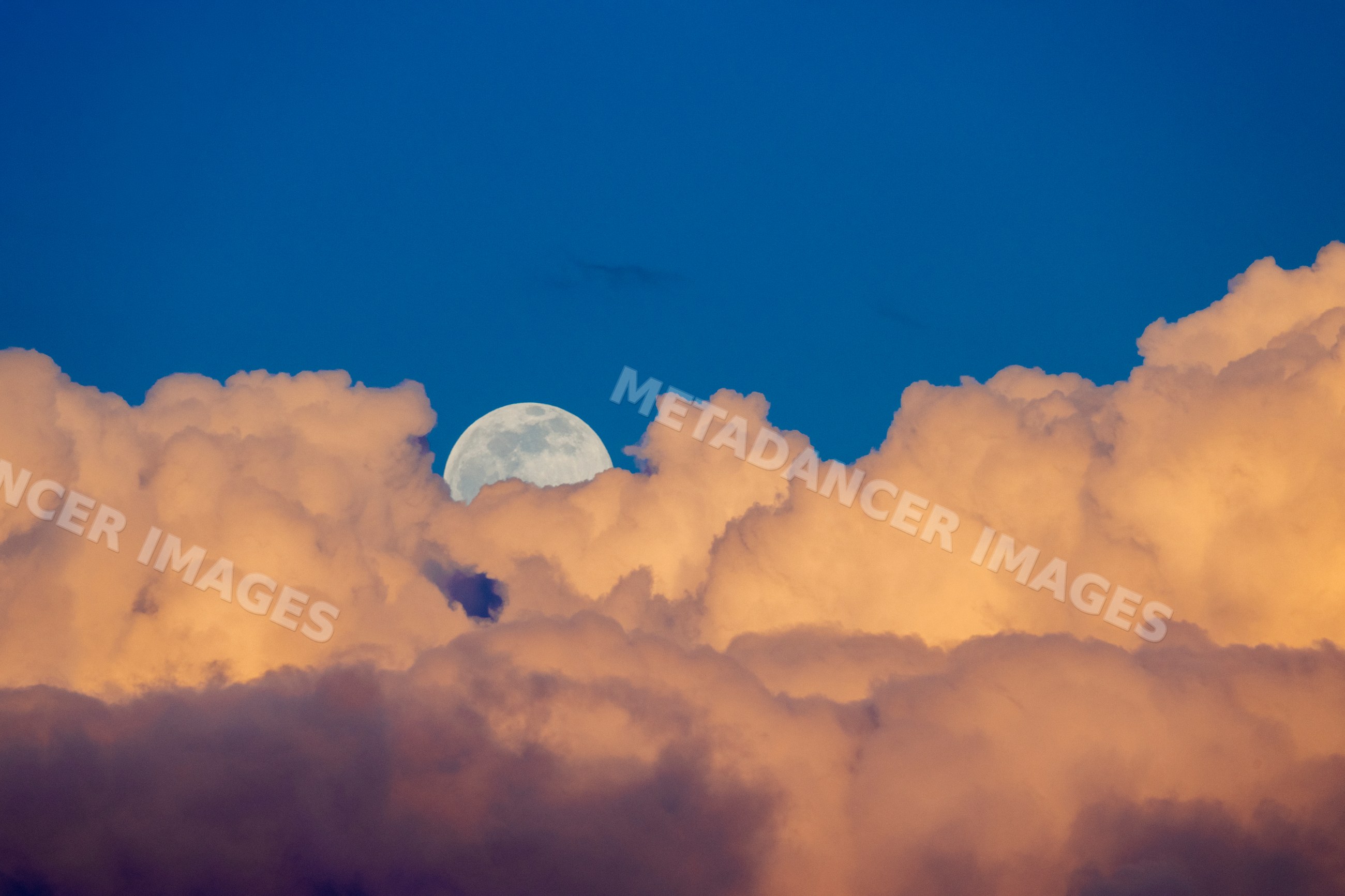 Full moon rising above vibrant orange cumulus clouds in clear blue sky