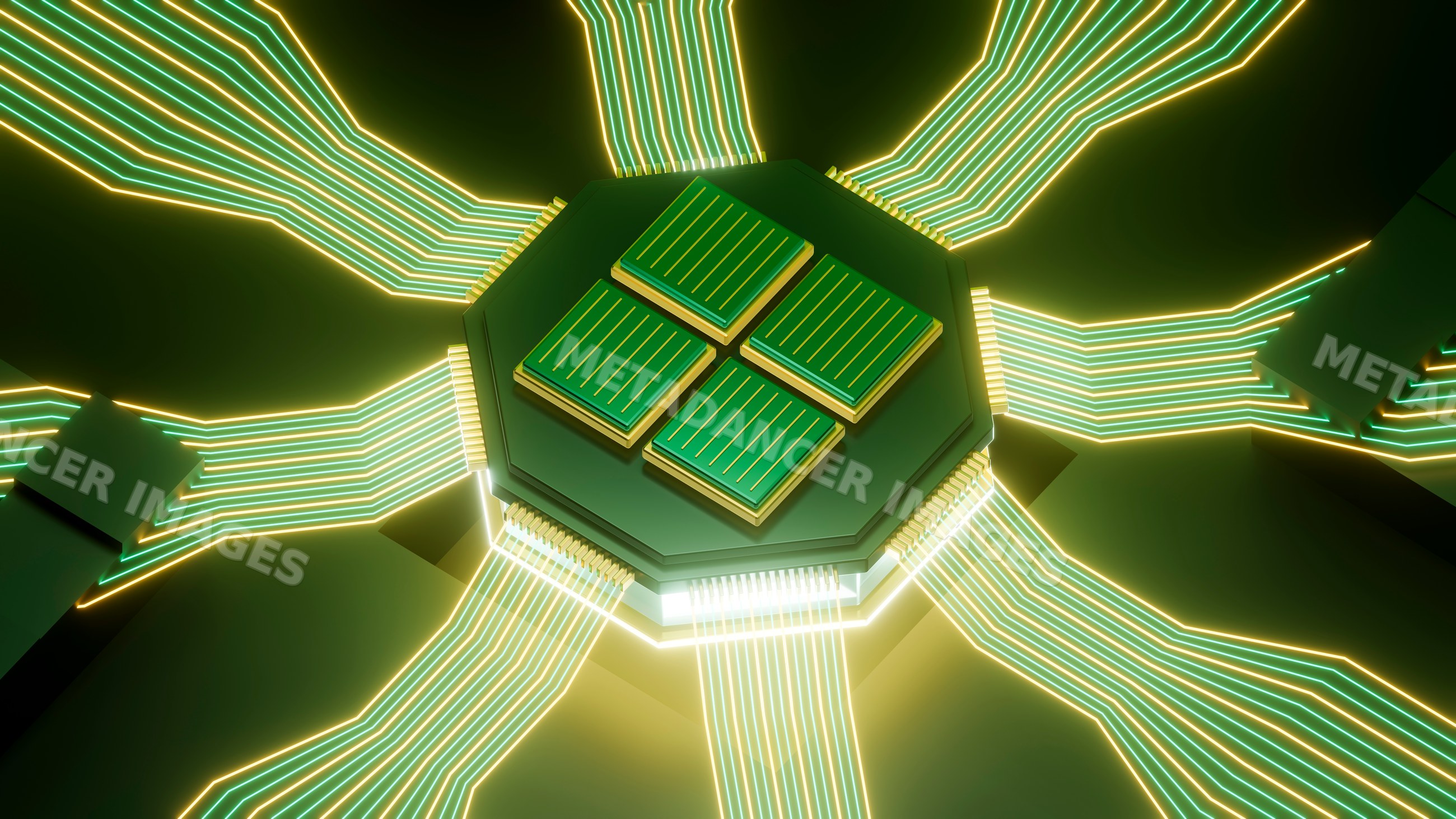 Computer chip with glowing electronic circuits