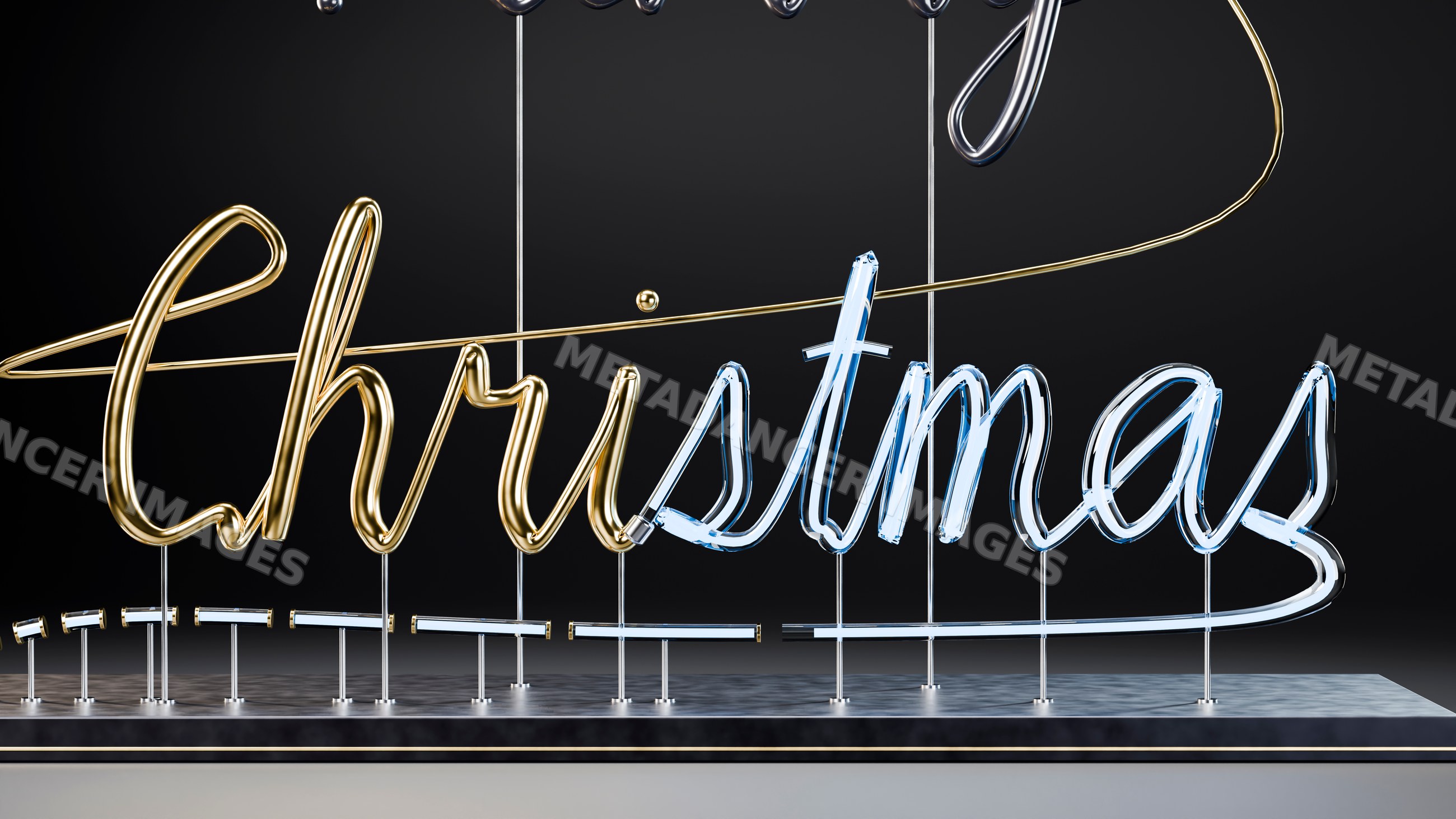 Christmas neon sign glowing on metal stand with black background