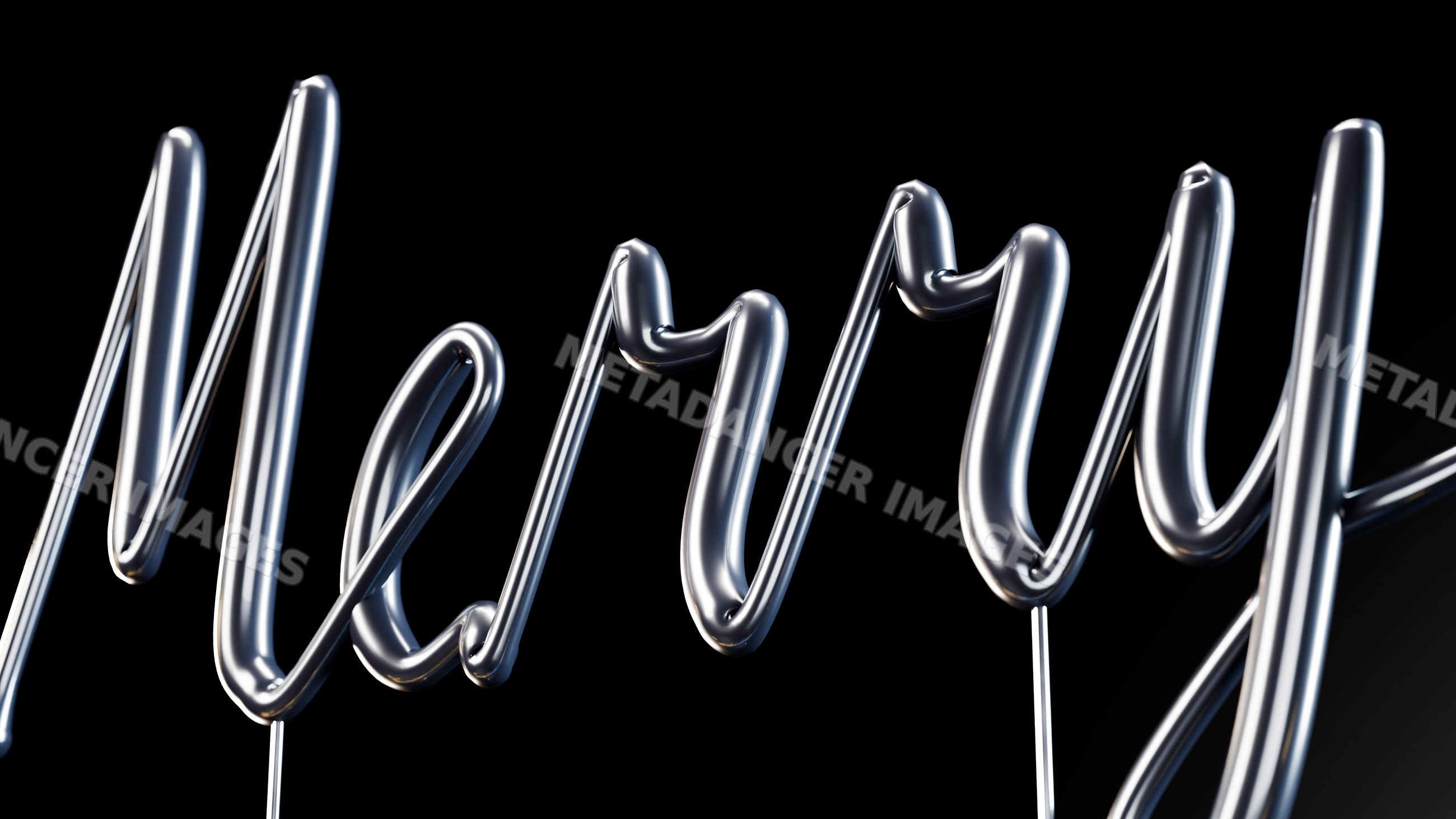 Silver foil balloon letters spelling merry for celebration decoration