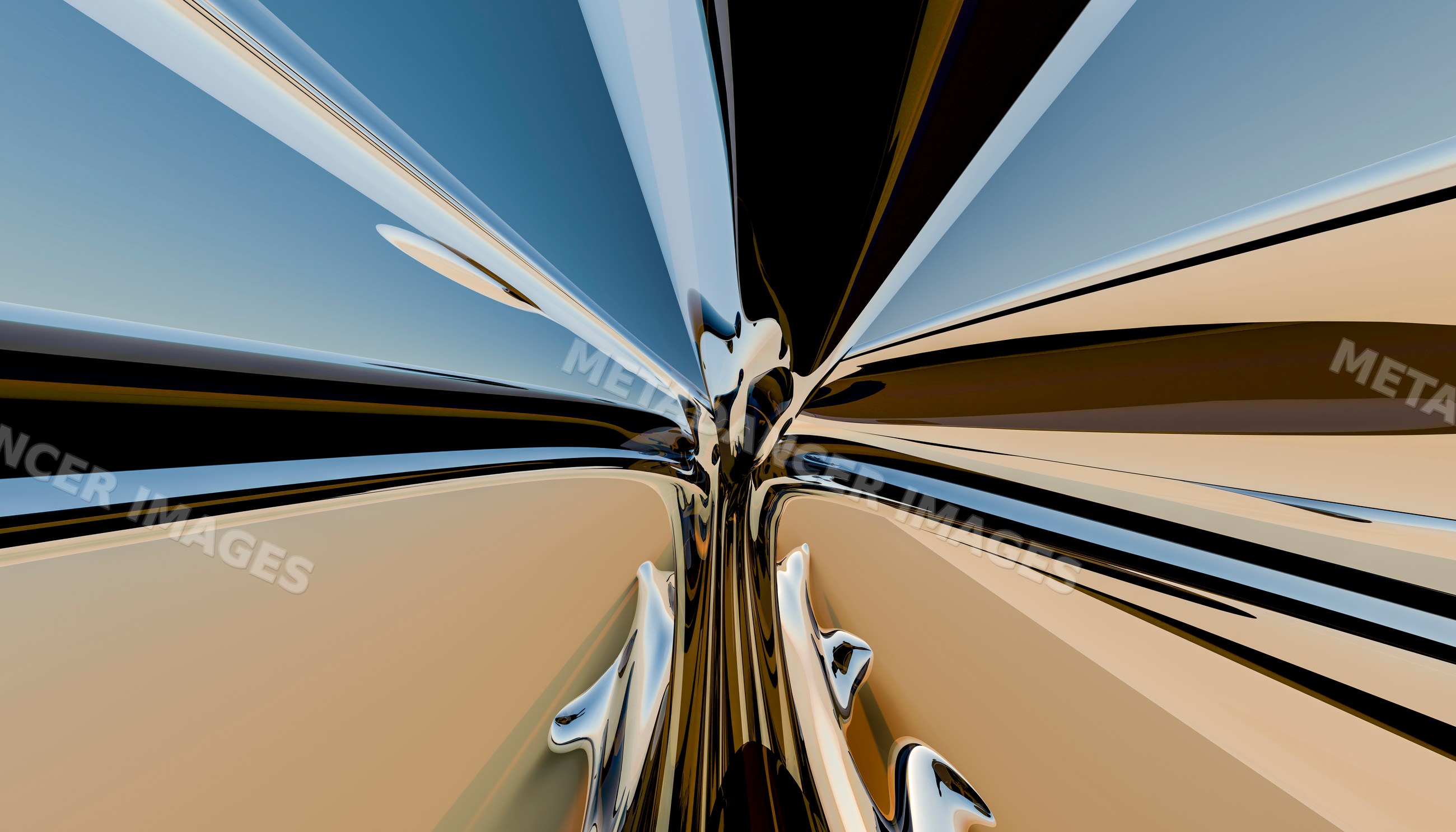 Close-up view of a shiny distorted reflective metallic surface