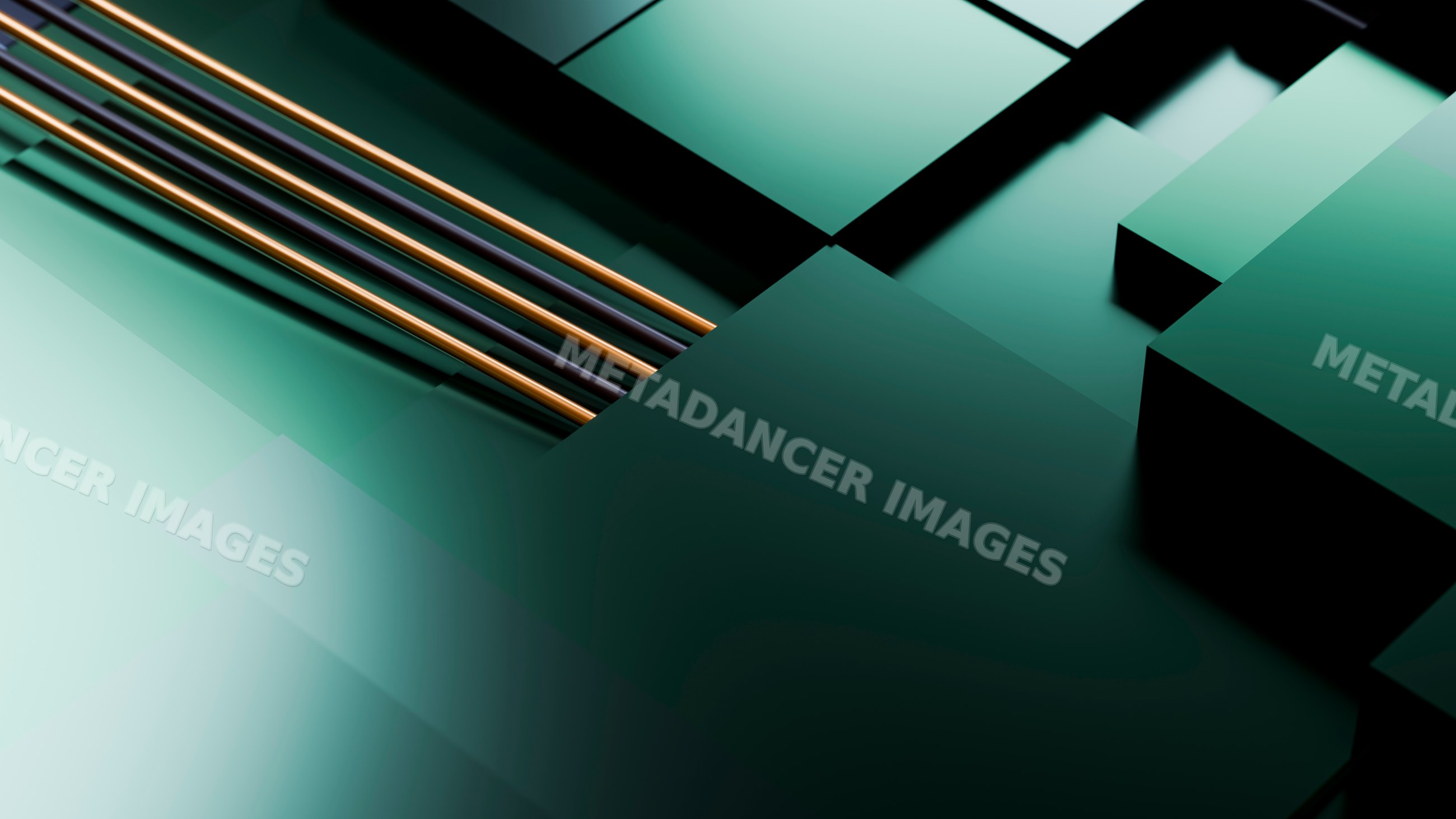 Abstract green geometric blocks intersected by orange tubes digital