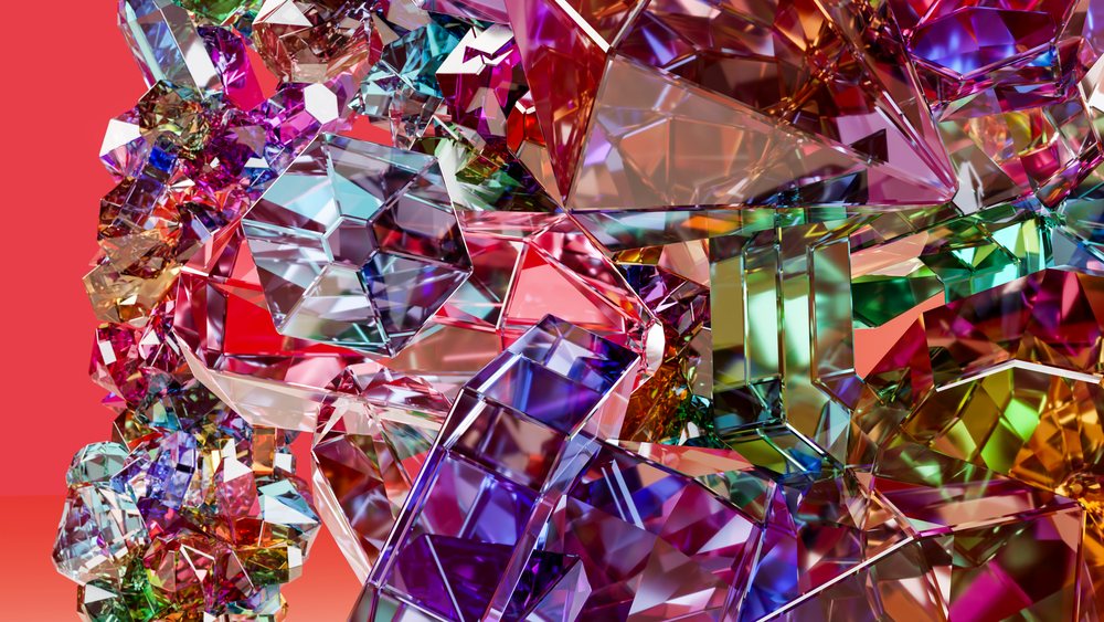 Multicolor abstract crystal shapes with faceted geometry