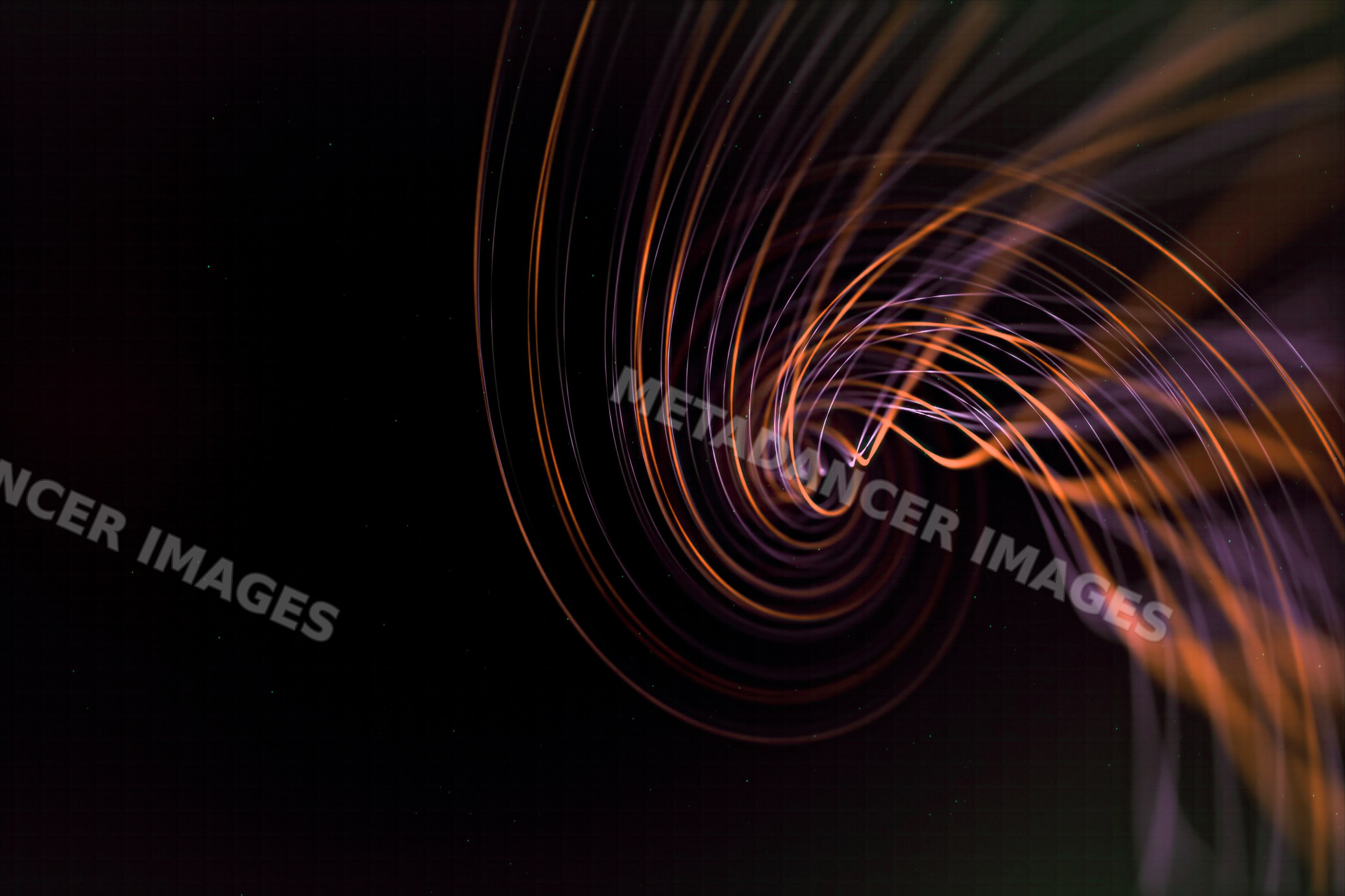Abstract swirl of orange and purple light trails on dark background