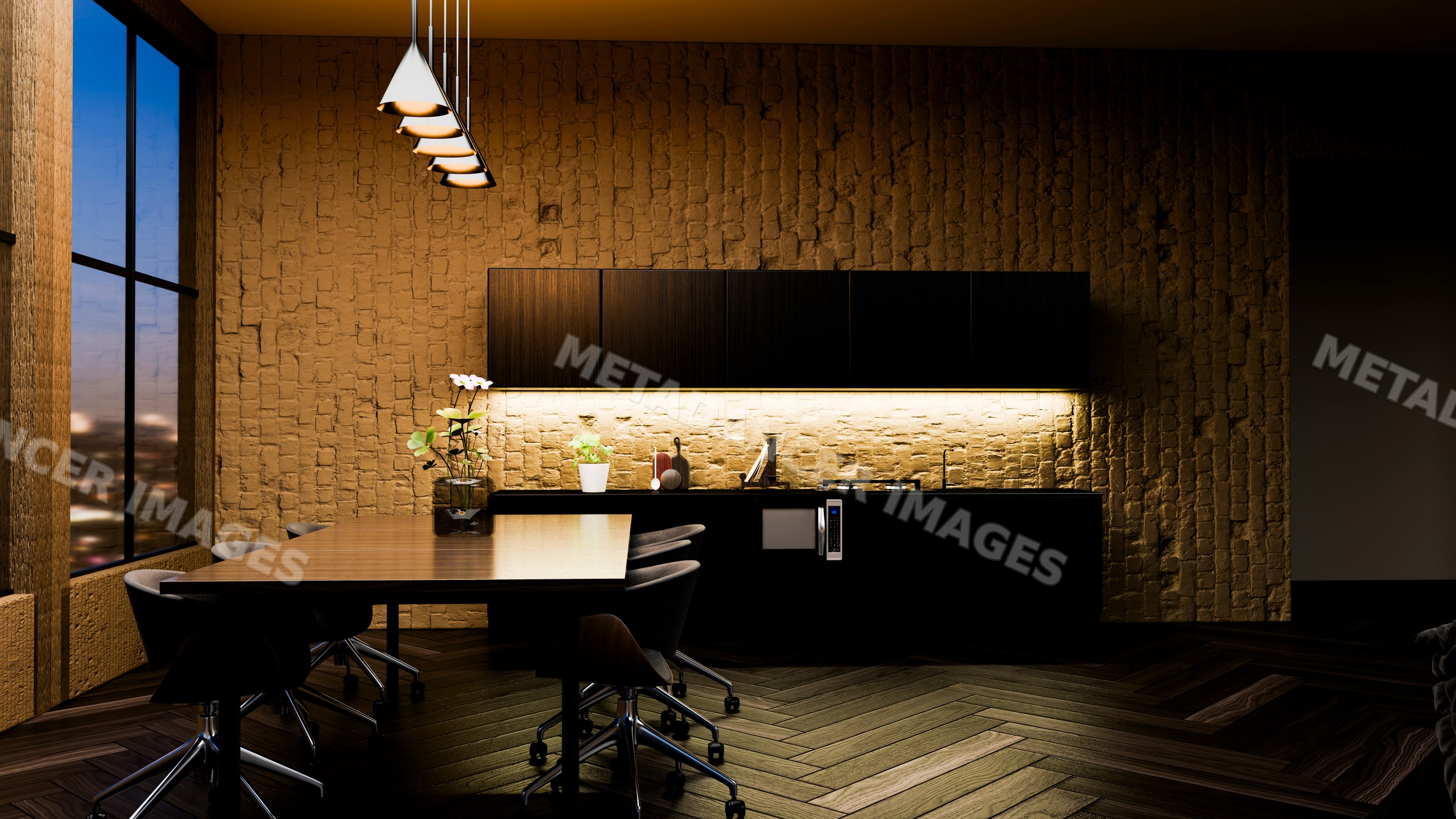 Modern kitchen workspace with wooden table and brick wall interior