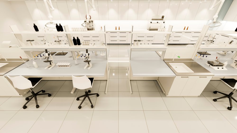 Laboratory interior with microscopes and scientific equipment