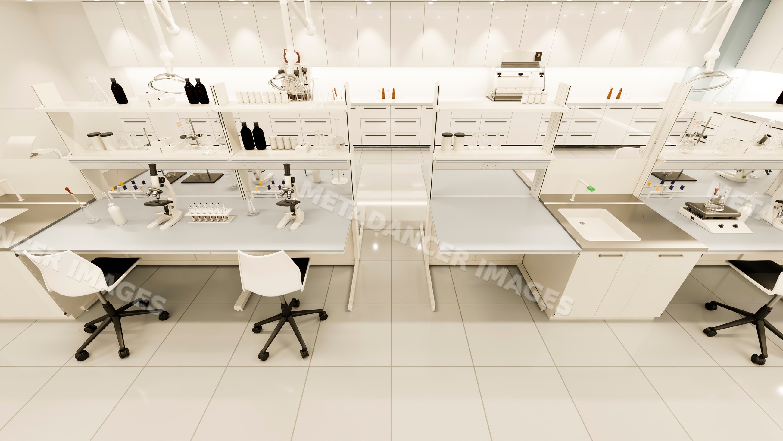 Laboratory interior with microscopes and scientific equipment