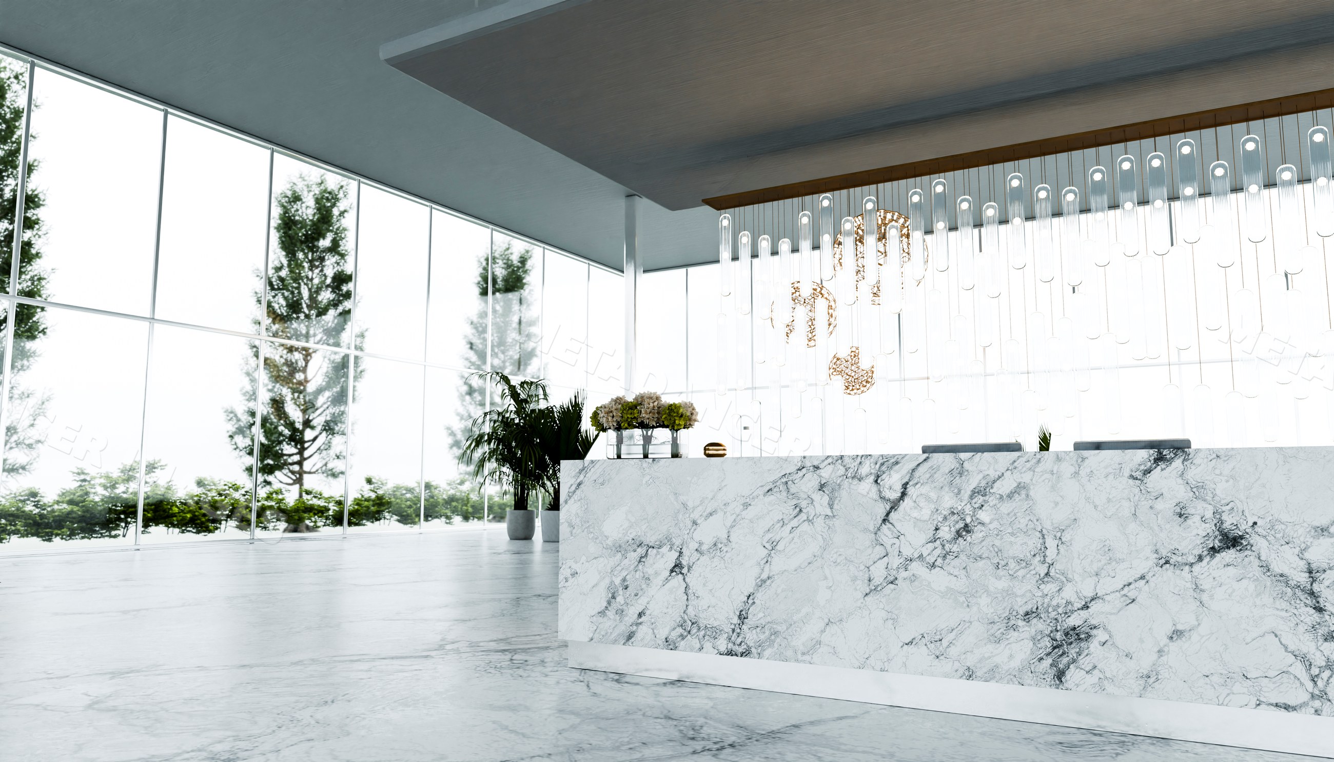 Marble reception desk in spacious modern lobby with natural light
