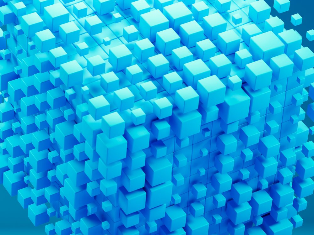 A digital 3d rendering of clustered blue cubes forming an abstract