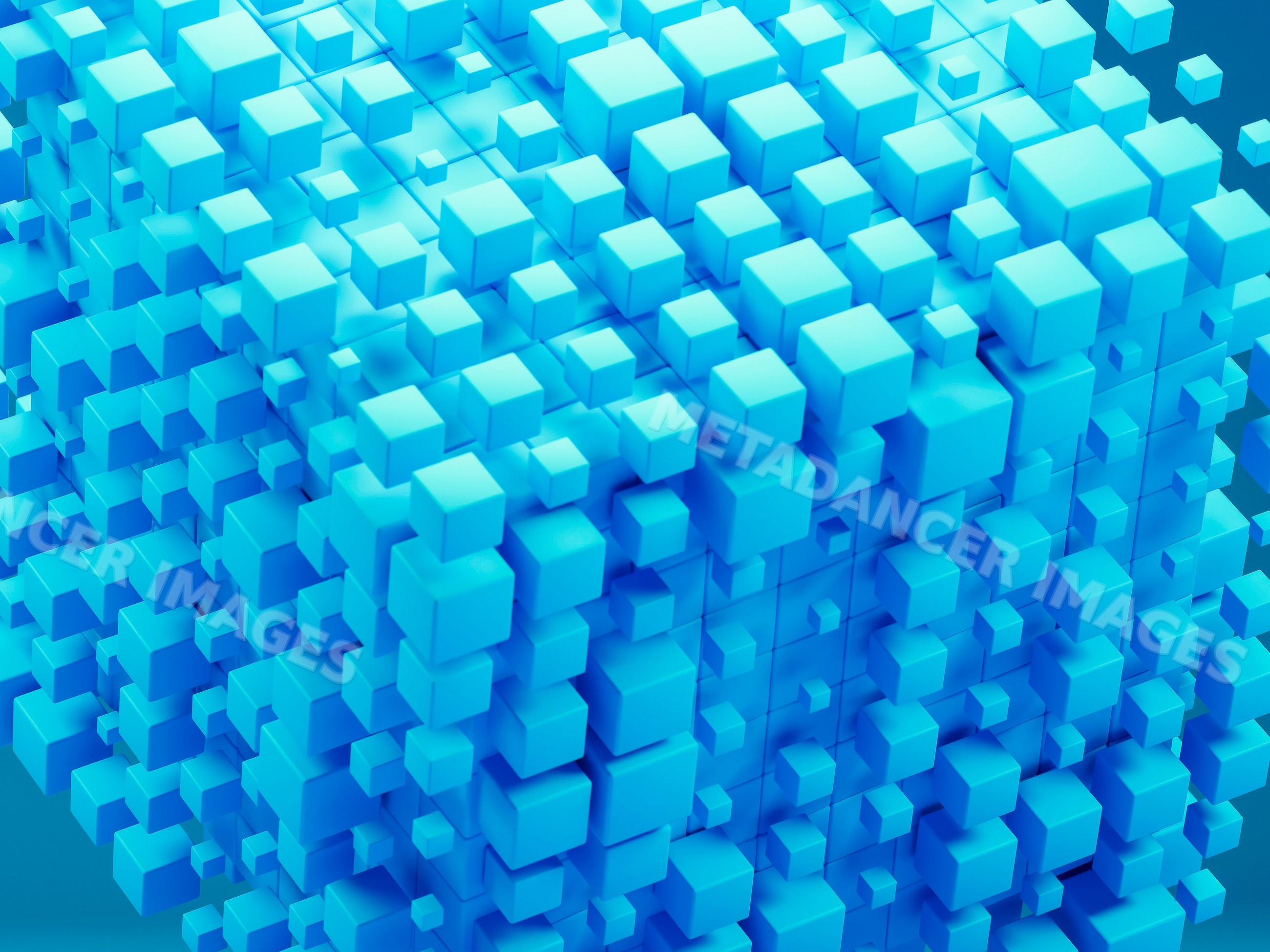 A digital 3d rendering of clustered blue cubes forming an abstract