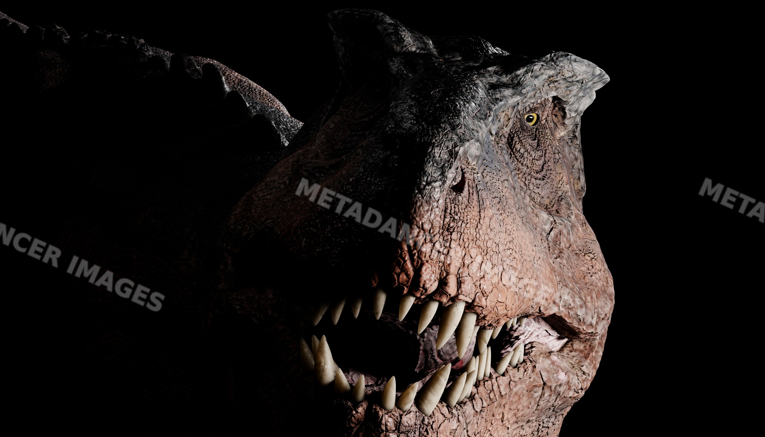 Close-up digital rendering of a T-Rex showing sharp teeth