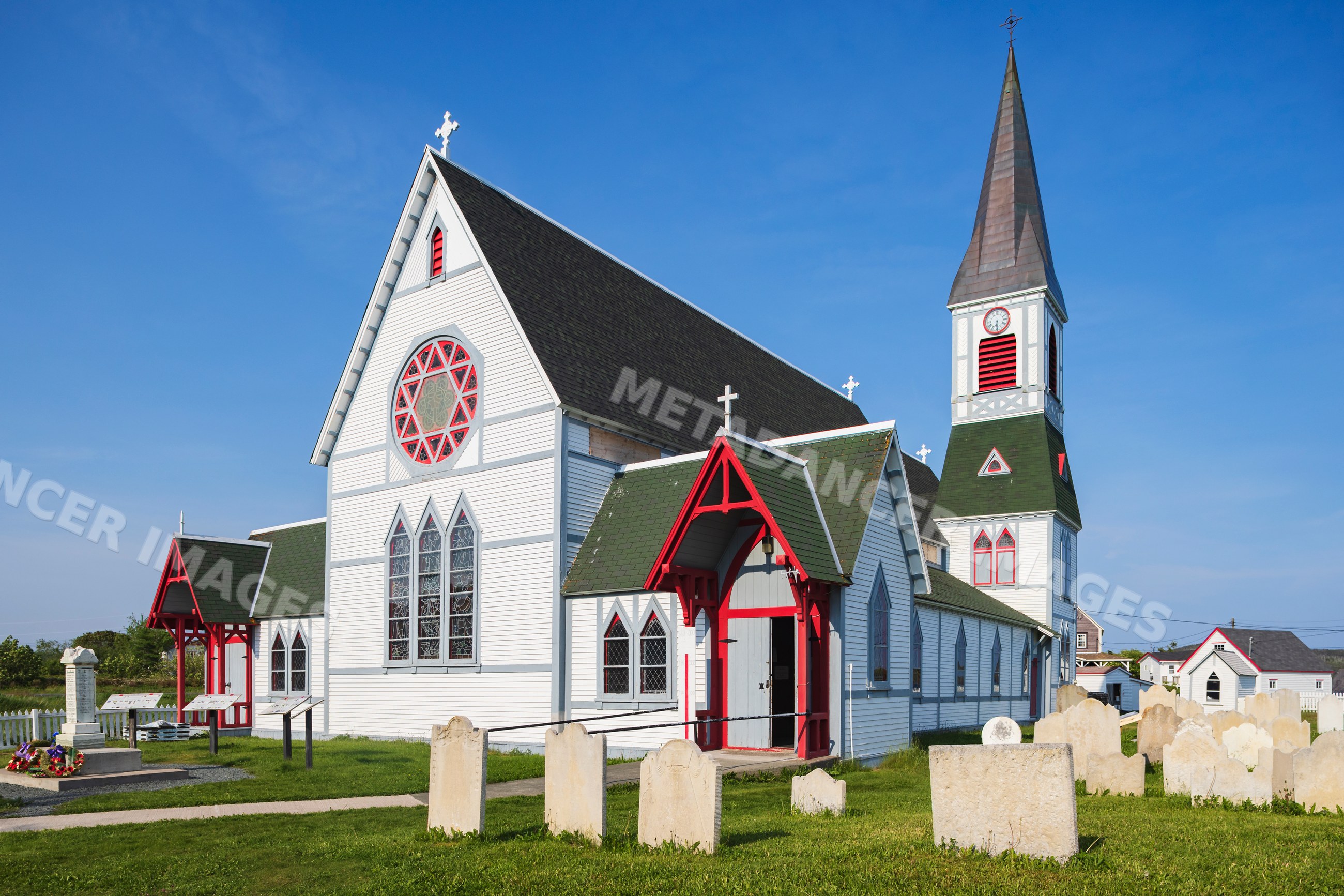 St Paul's Church with steeple and cemetery in trinity Newfoundland