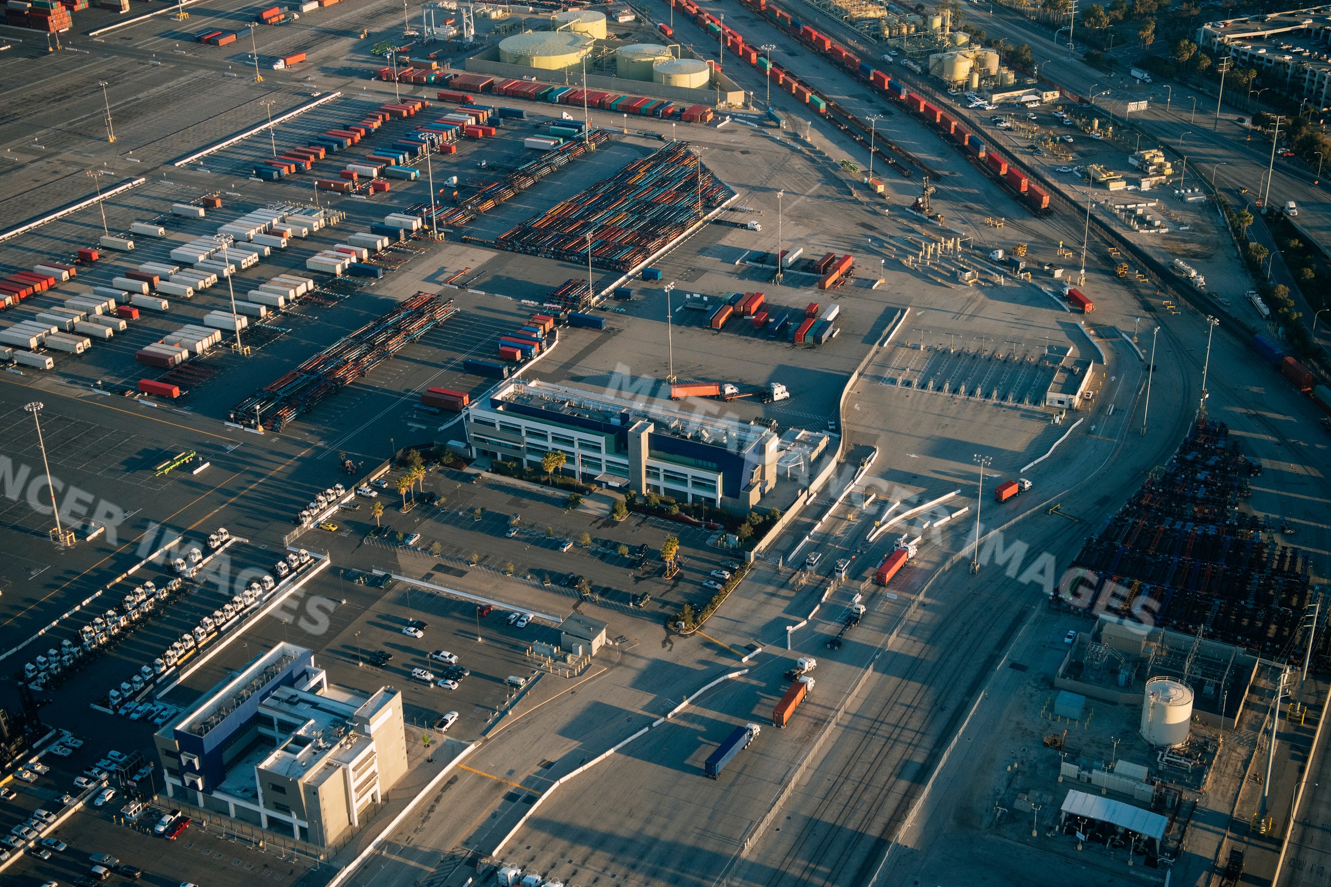 Aerial view of container yard and logistics buildings at Port of Long