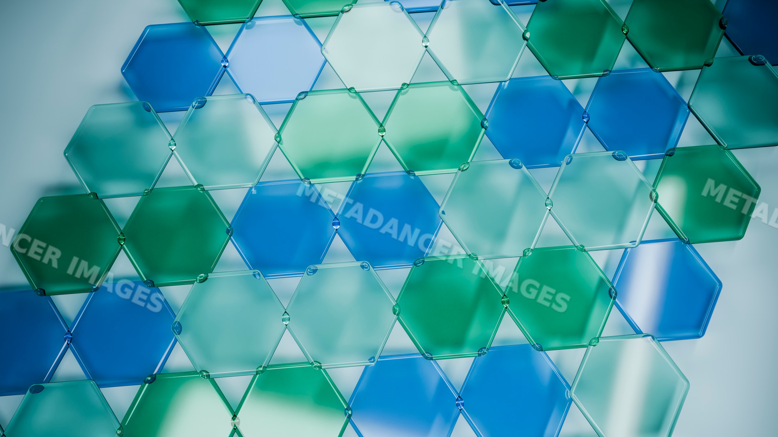 Abstract overlapping blue and green hexagon pattern illustration