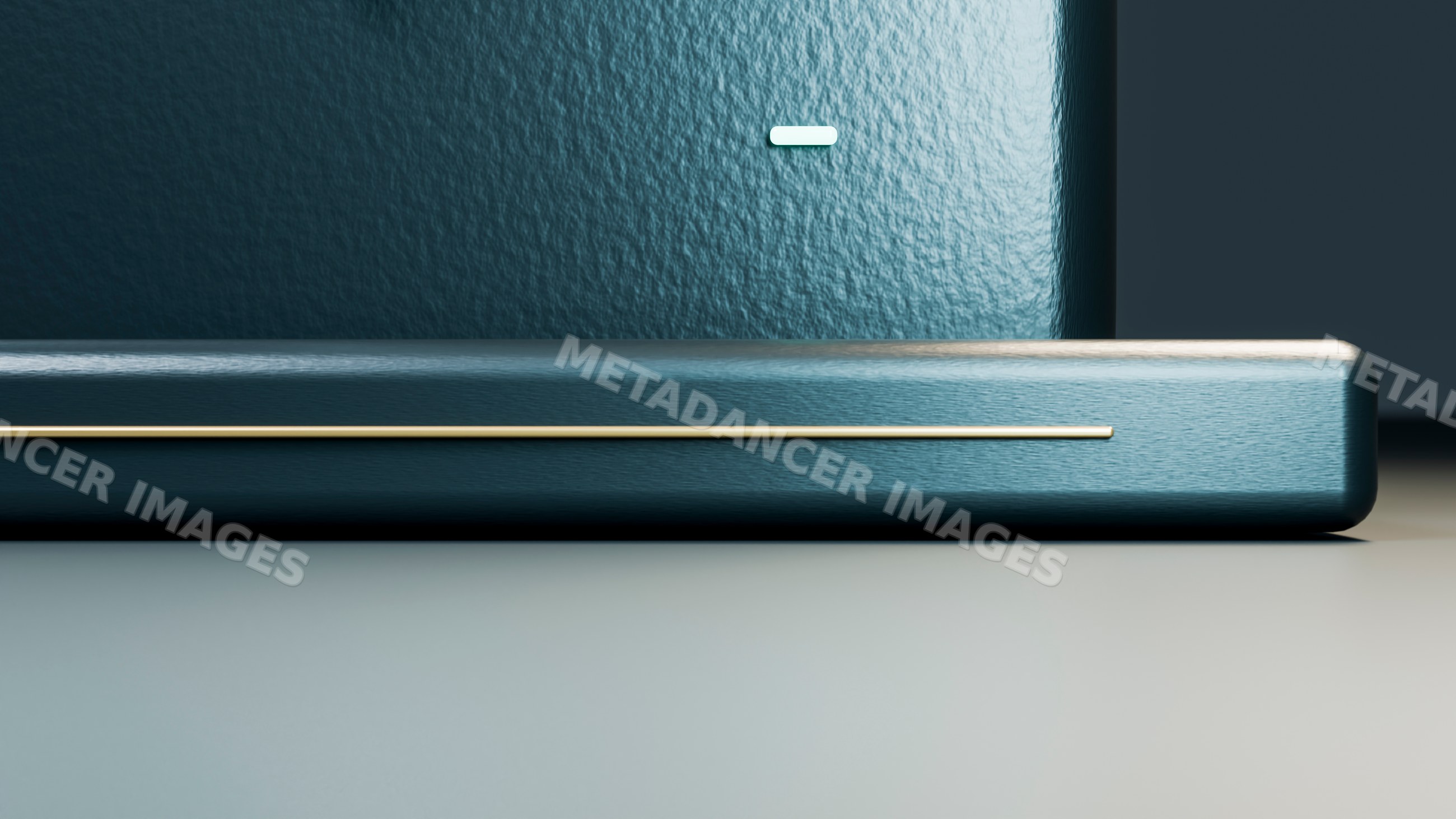Close-up of modern blue speaker with textured surface and gold strip