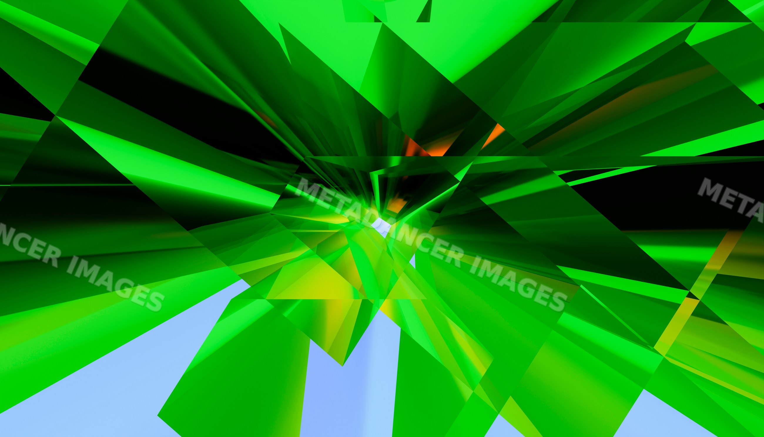 Abstract green geometric tunnel with layered shapes in digital art