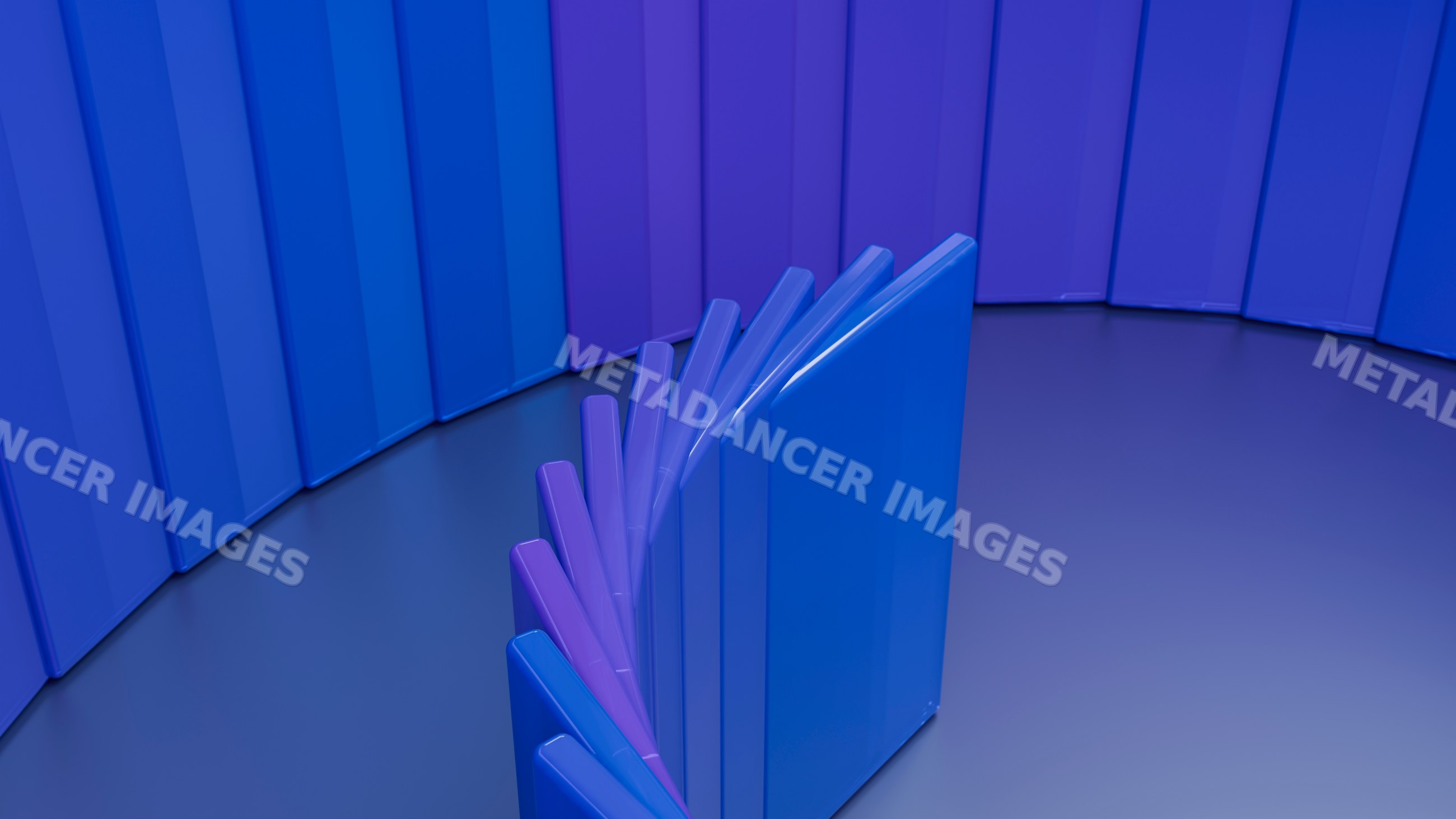 Curved falling domino tiles in blue and purple colors