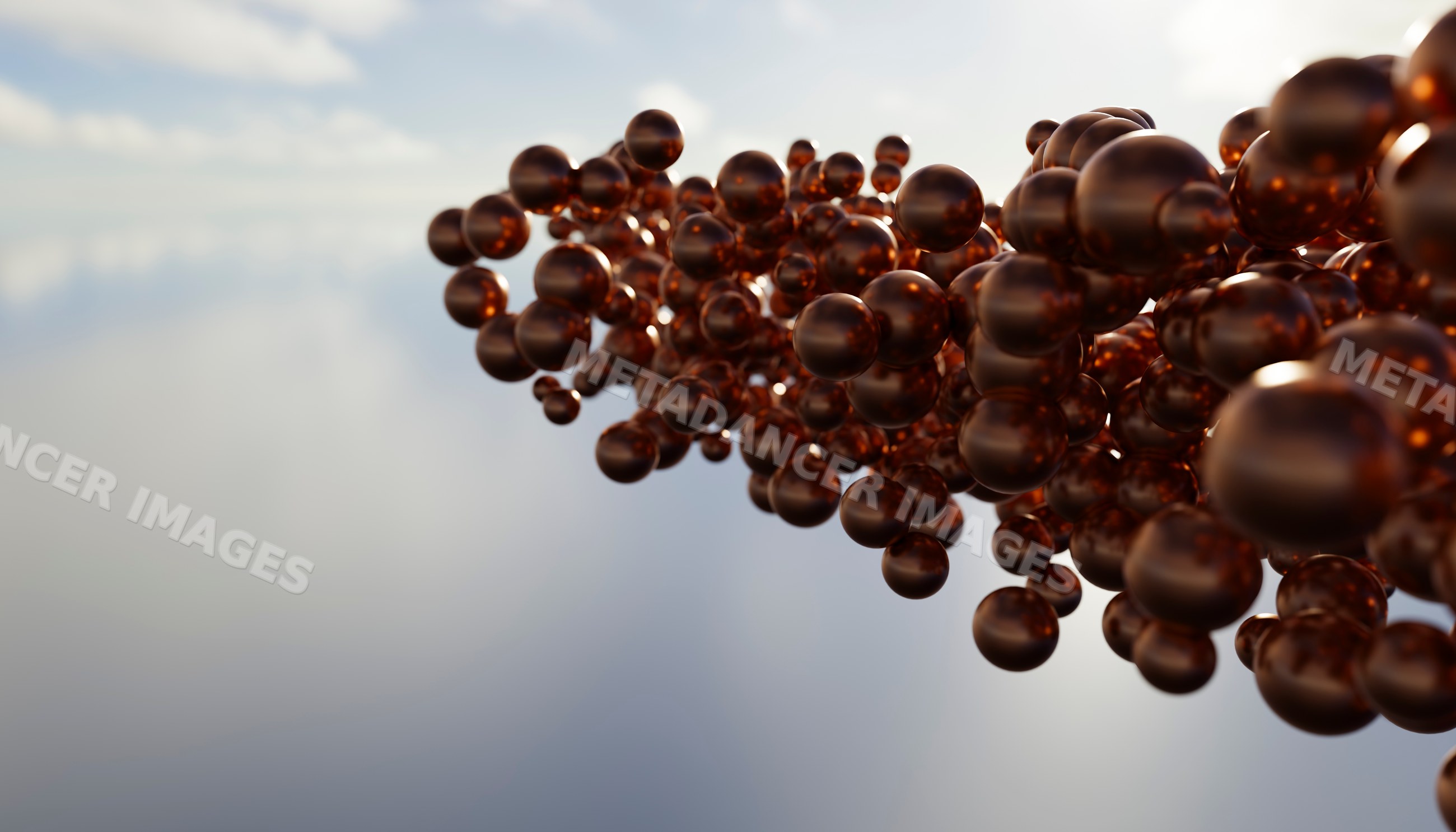 A cluster of shiny brown transparent spheres floating in the sky