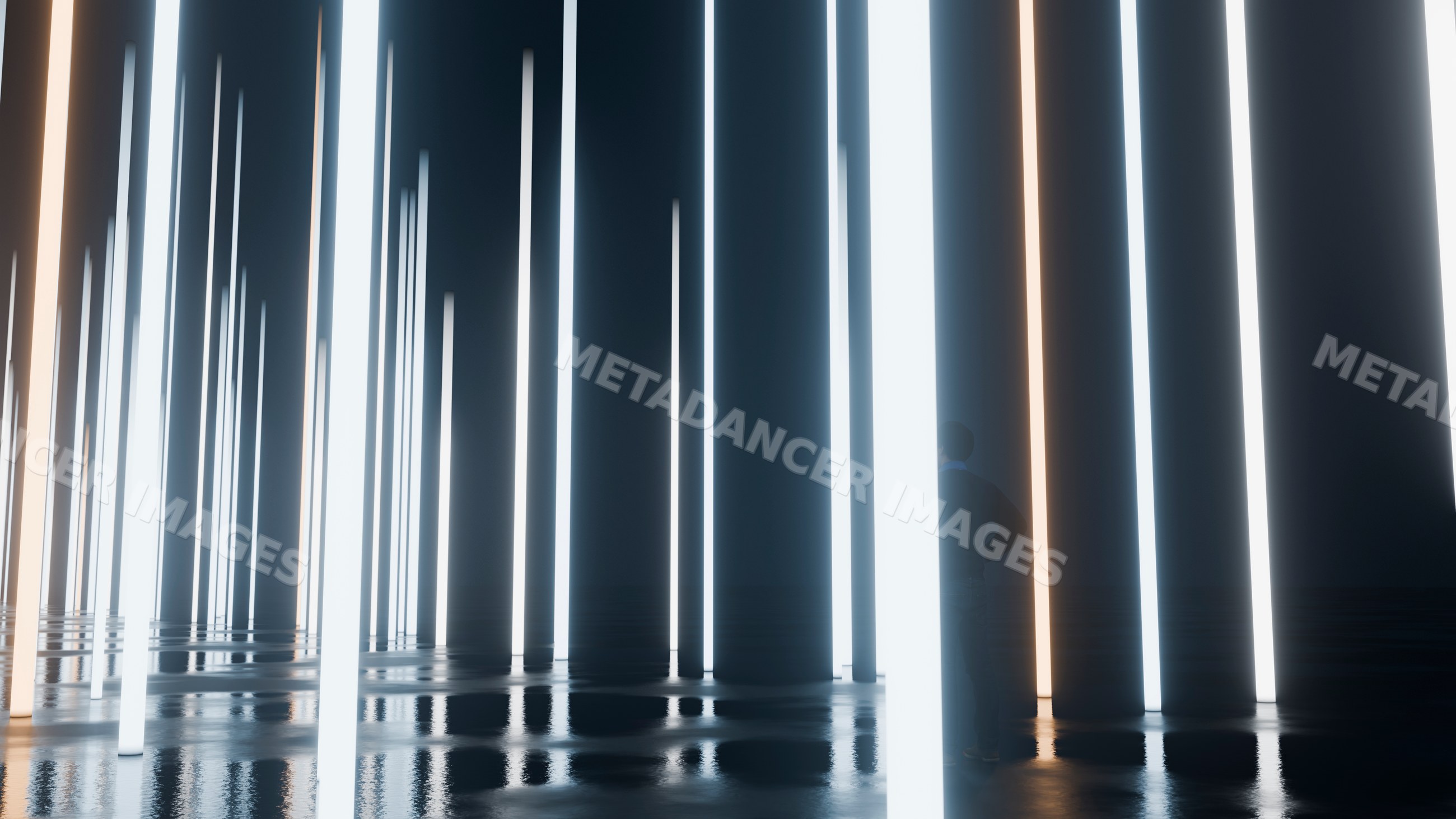 Person standing among glowing vertical light pillars in dark room