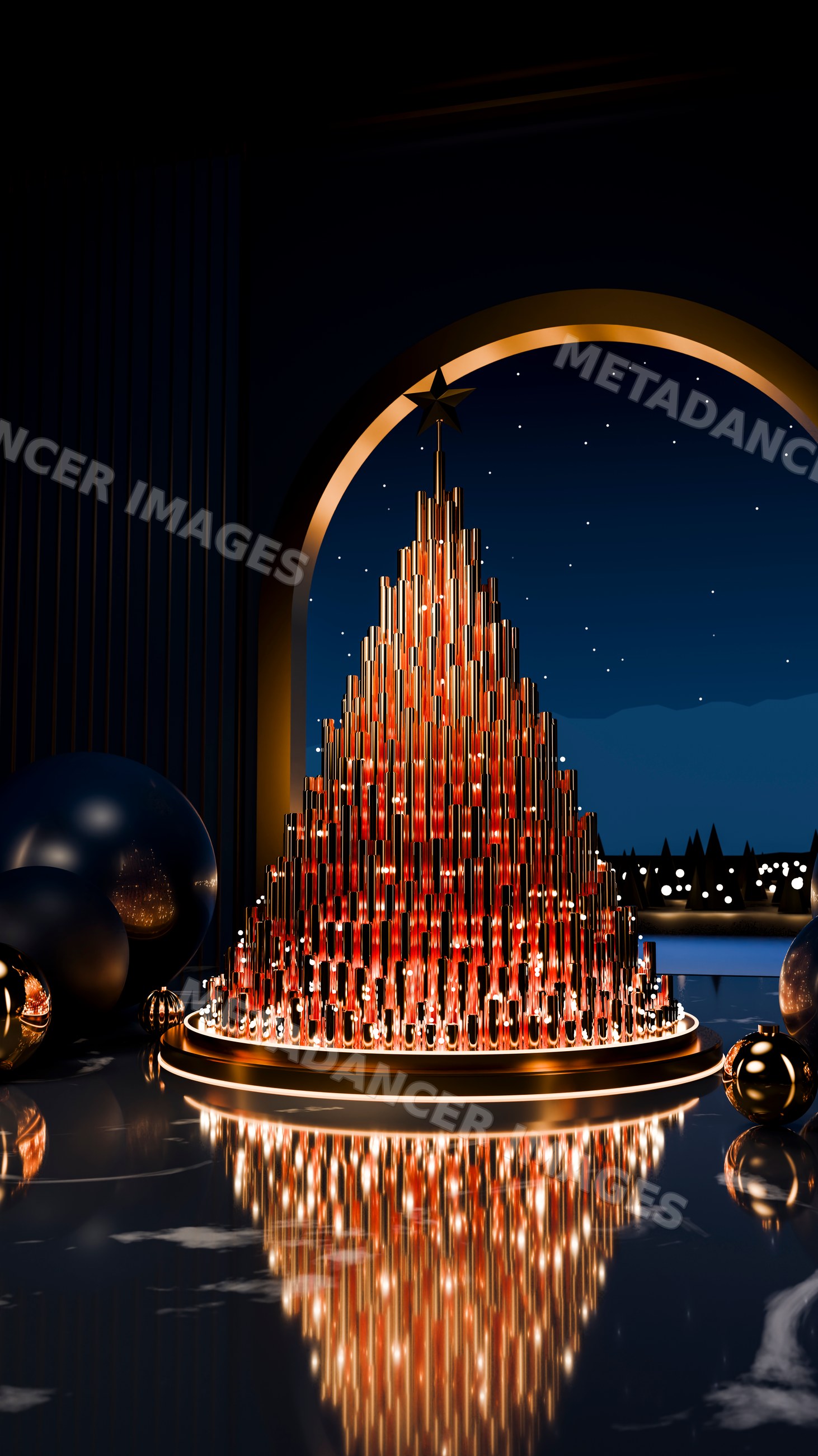 Golden christmas tree illuminated by lights under night sky archway