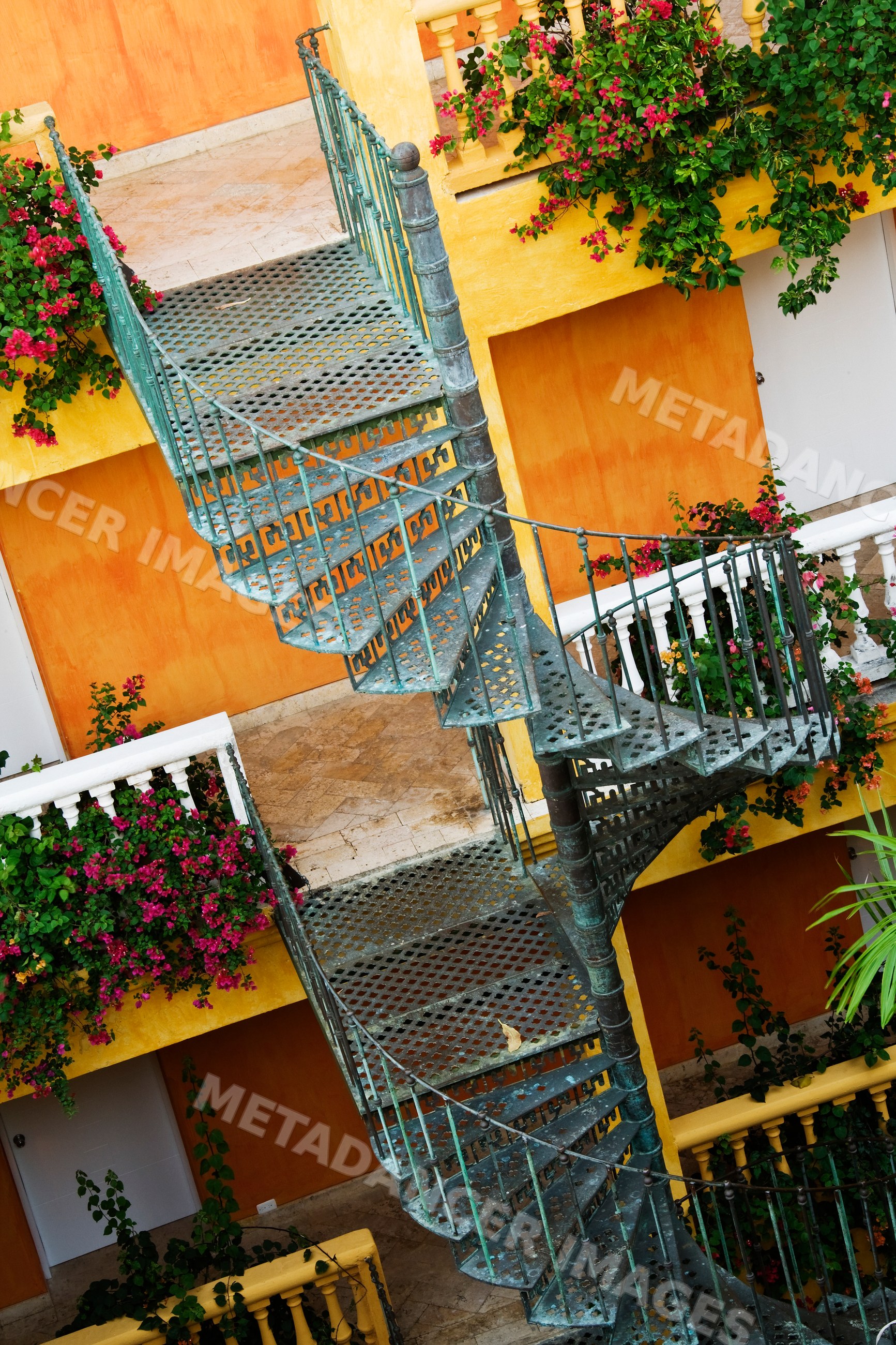 Spiral green metal staircase with climbing flowers on yellow walls