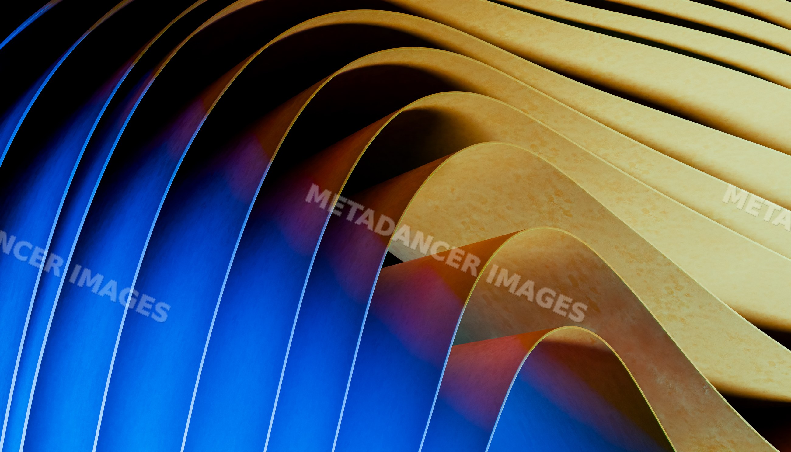 Abstract curved wave pattern in blue and beige tones digital render