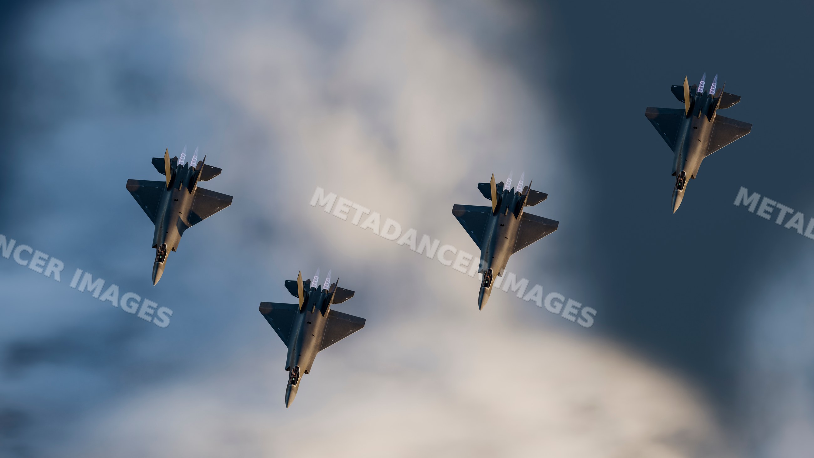 Four fighter jets flying in formation with afterburners