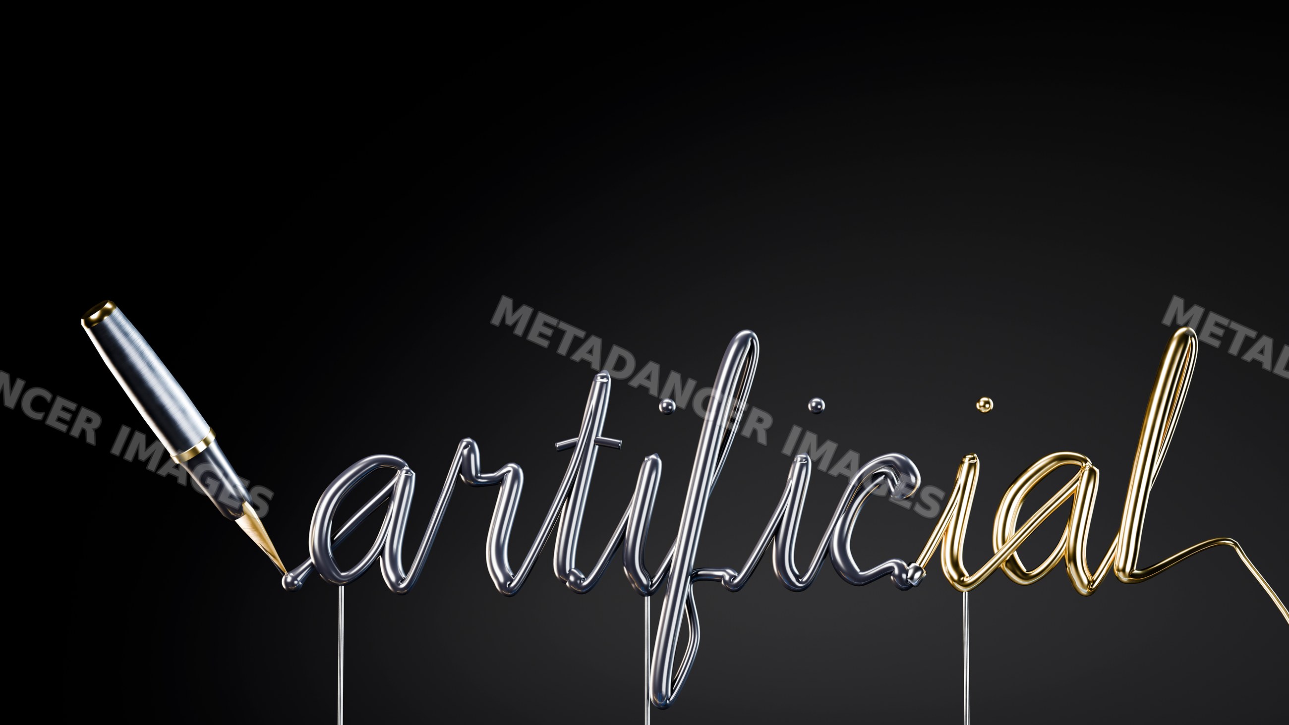 Metallic pen writing artificial in gold and silver cursive script