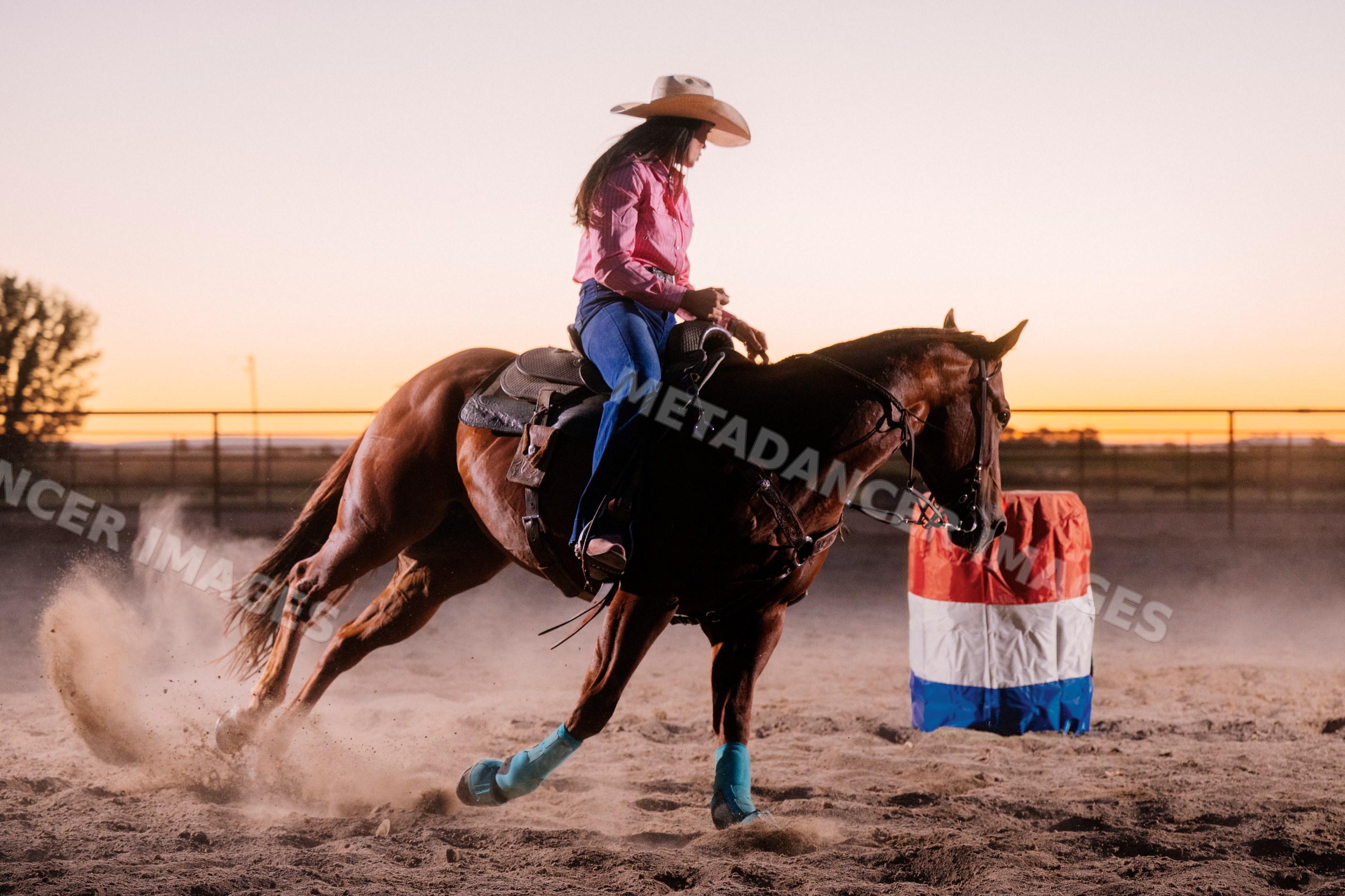 Rider racing horse around barrel at sunset in Southwest USA arena