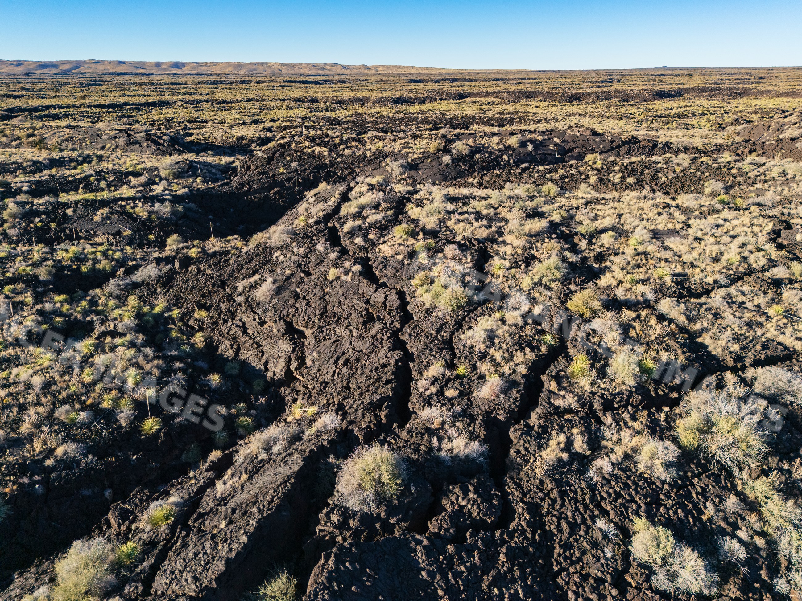 Aerial view of volcanic Lava Field with desert vegetation