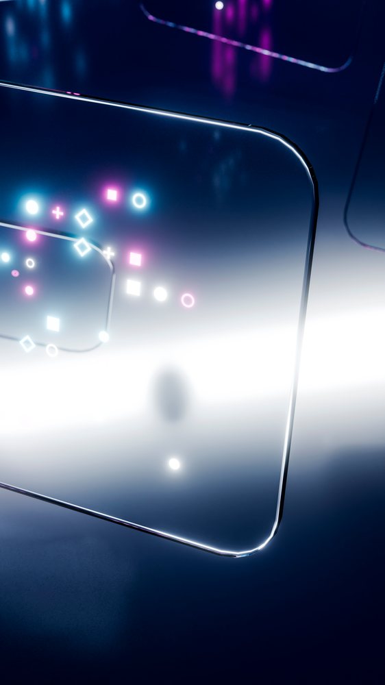 Futuristic digital neon shapes on dark reflective background