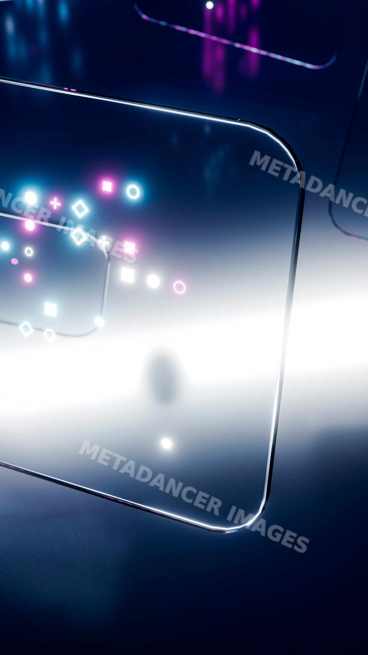 Futuristic digital neon shapes on dark reflective background