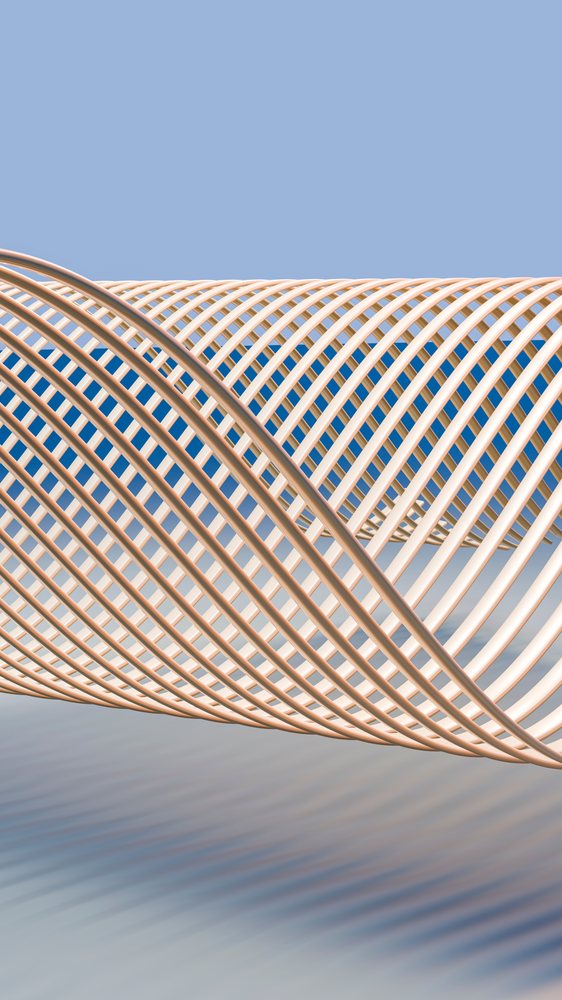 Metallic abstract open lattice sculpture with curved tubes outdoors