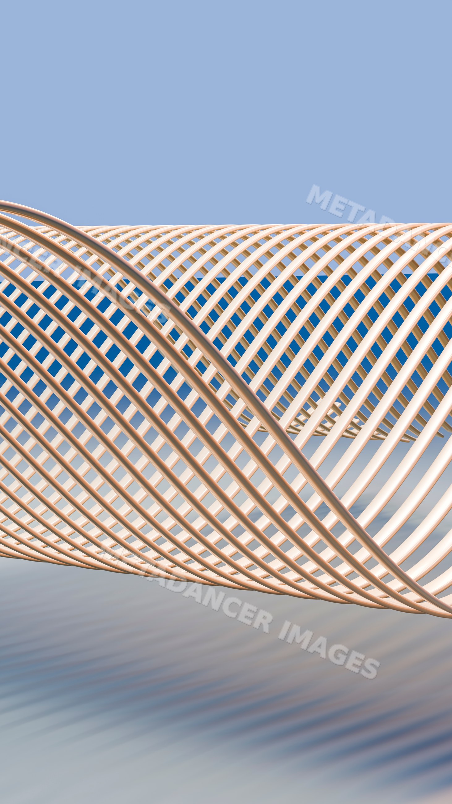 Metallic abstract open lattice sculpture with curved tubes outdoors