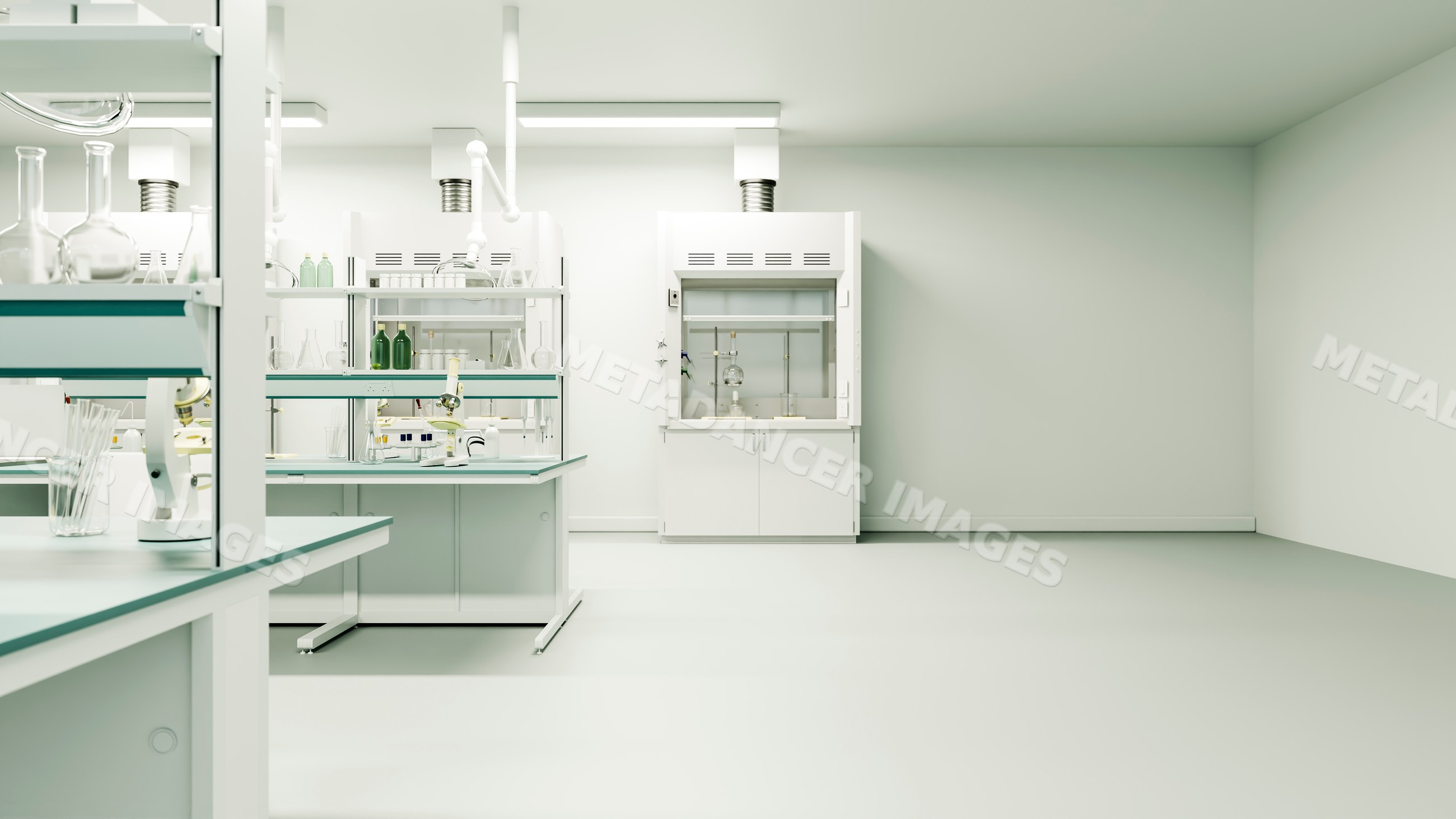 Laboratory interior with scientific instruments and fume hood