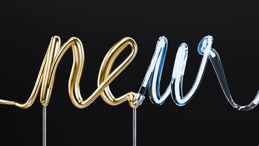 Gold and blue neon light tubes glowing against black background