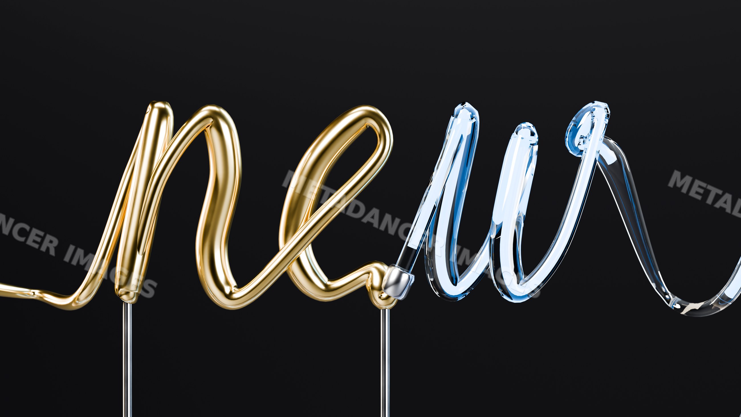 Gold and blue neon light tubes glowing against black background