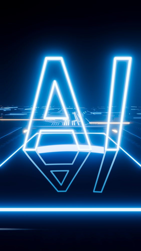 Glowing neon ai letters in futuristic digital circuit environment