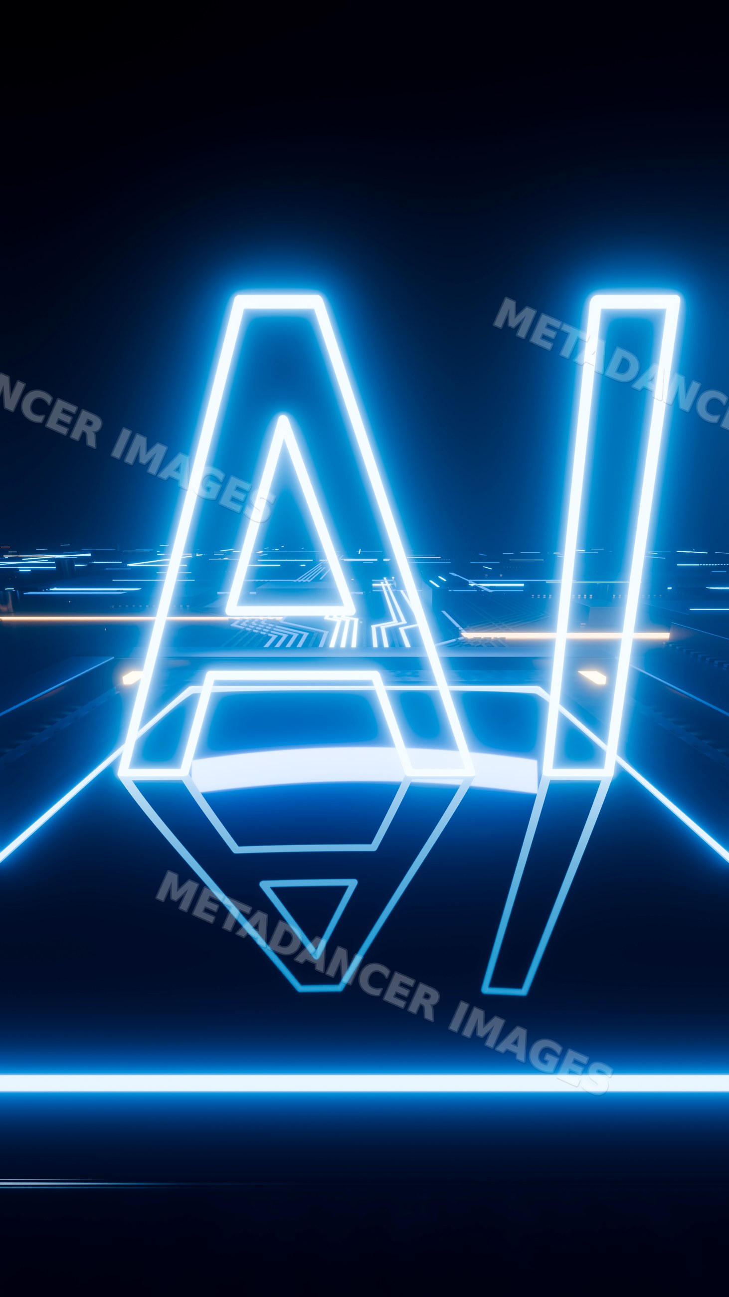 Glowing neon ai letters in futuristic digital circuit environment
