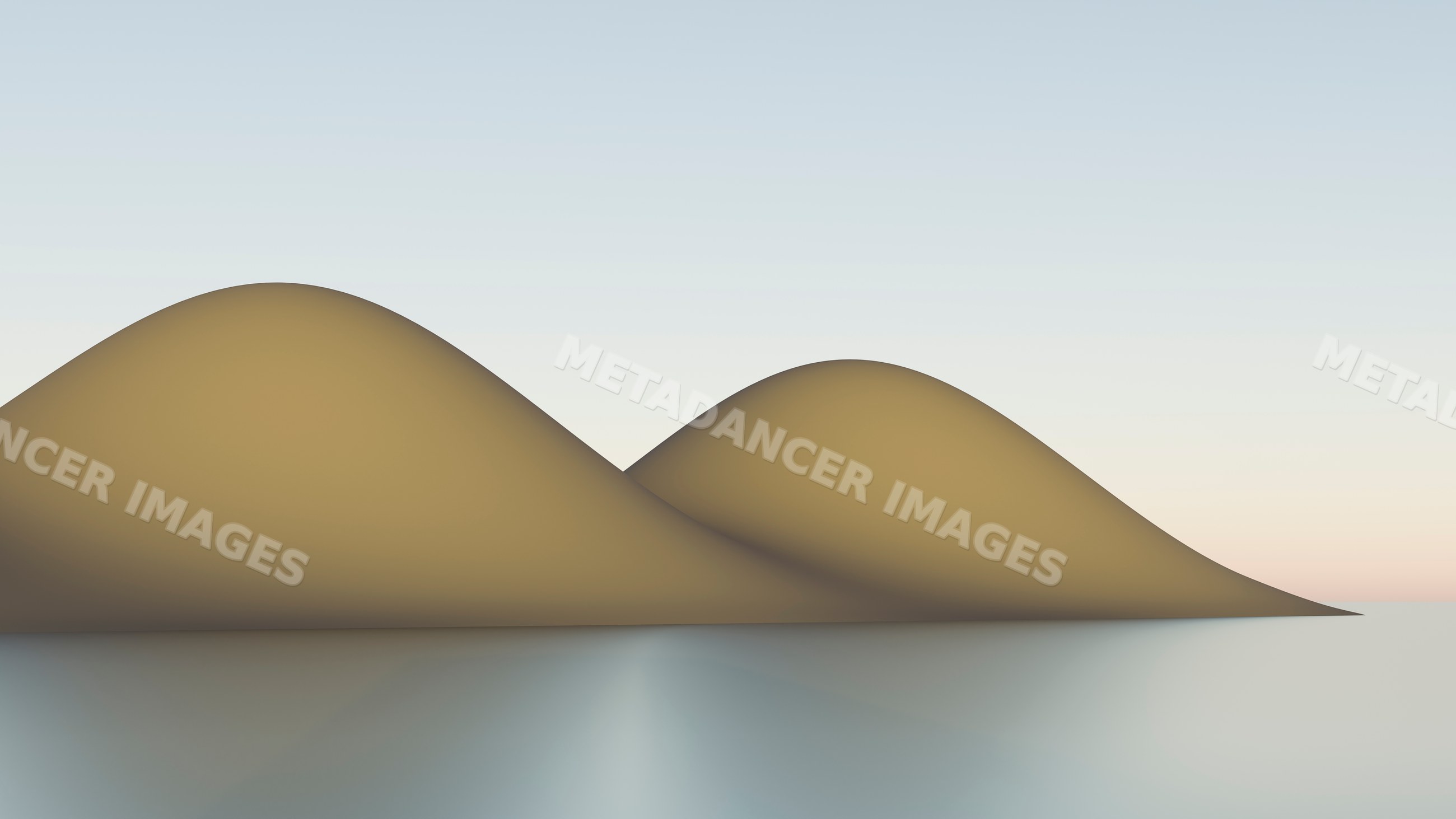 Sand dunes reflected in calm water at sunset