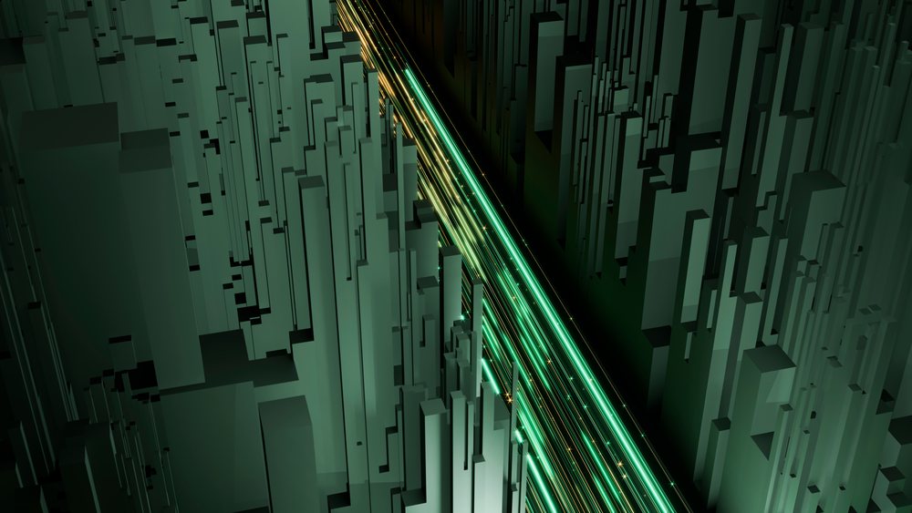 Abstract futuristic cityscape with neon green light trails