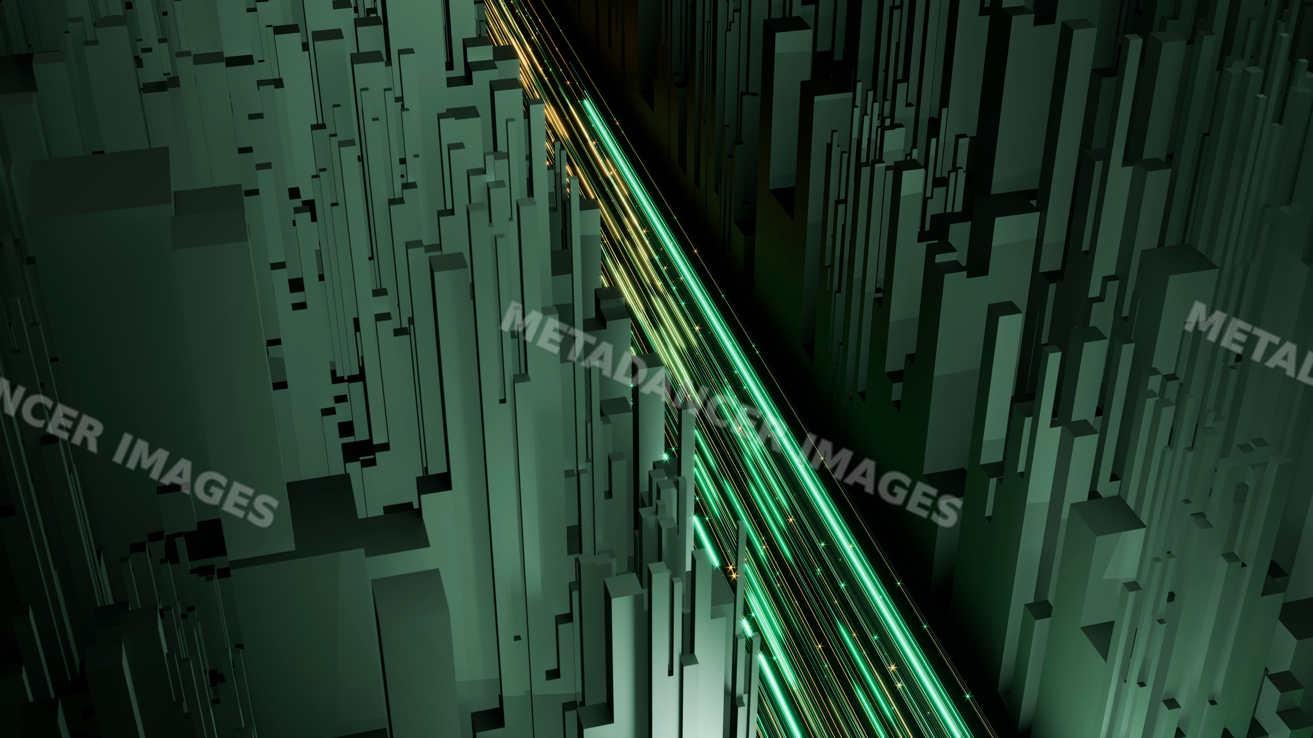 Abstract futuristic cityscape with neon green light trails
