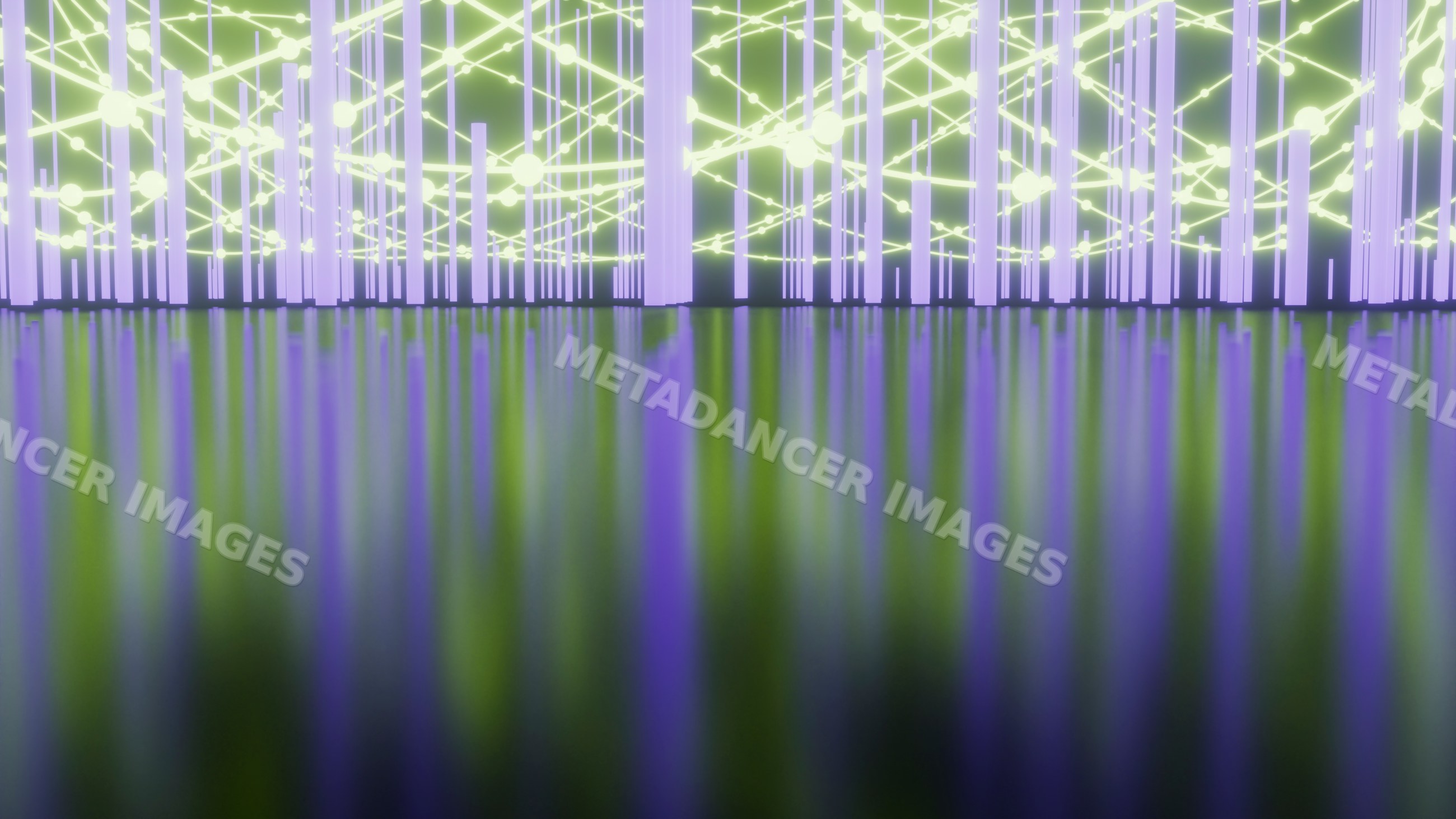 Abstract digital network with glowing nodes and purple columns