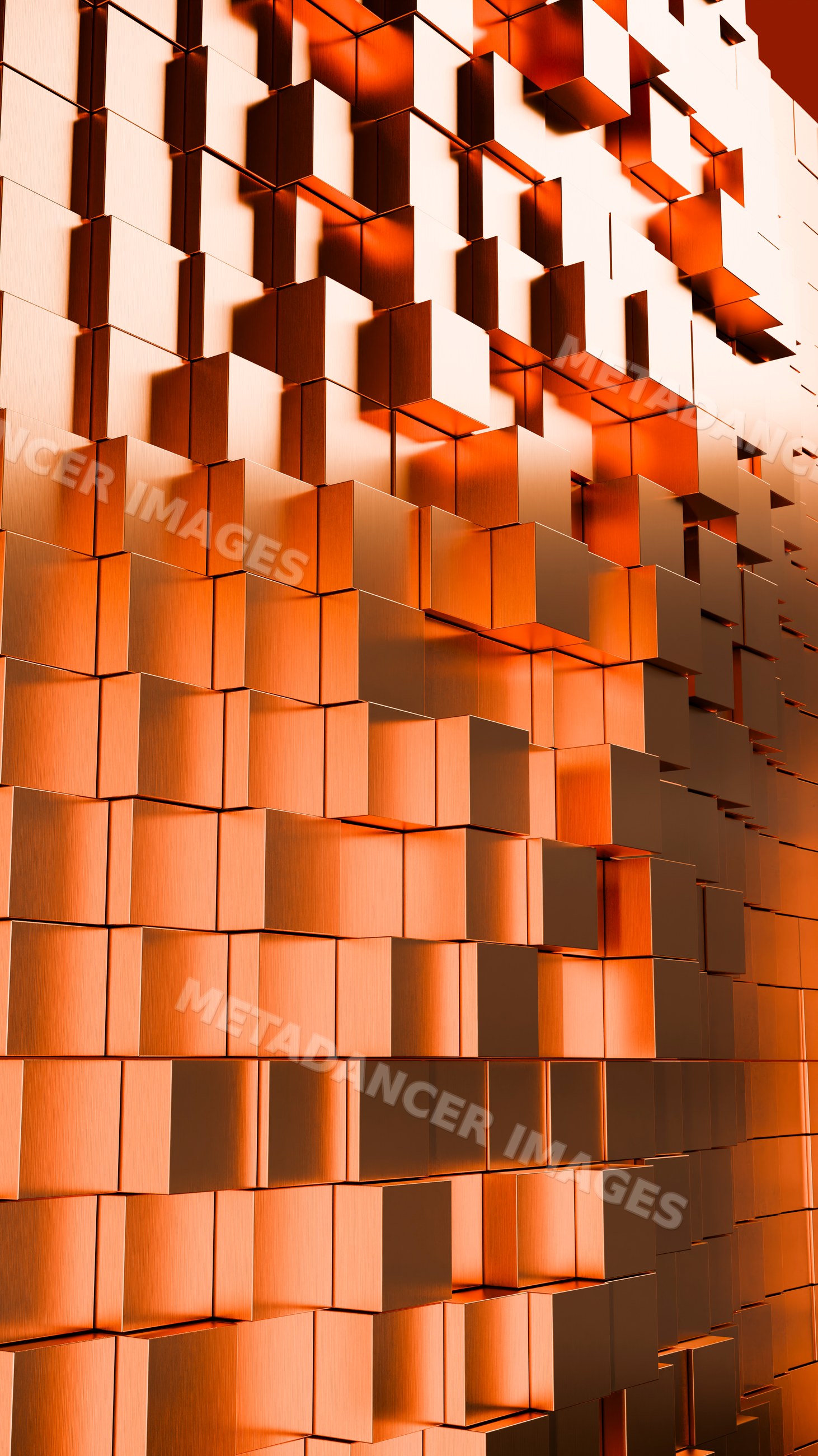 Orange metallic 3d cubes forming abstract geometric pattern