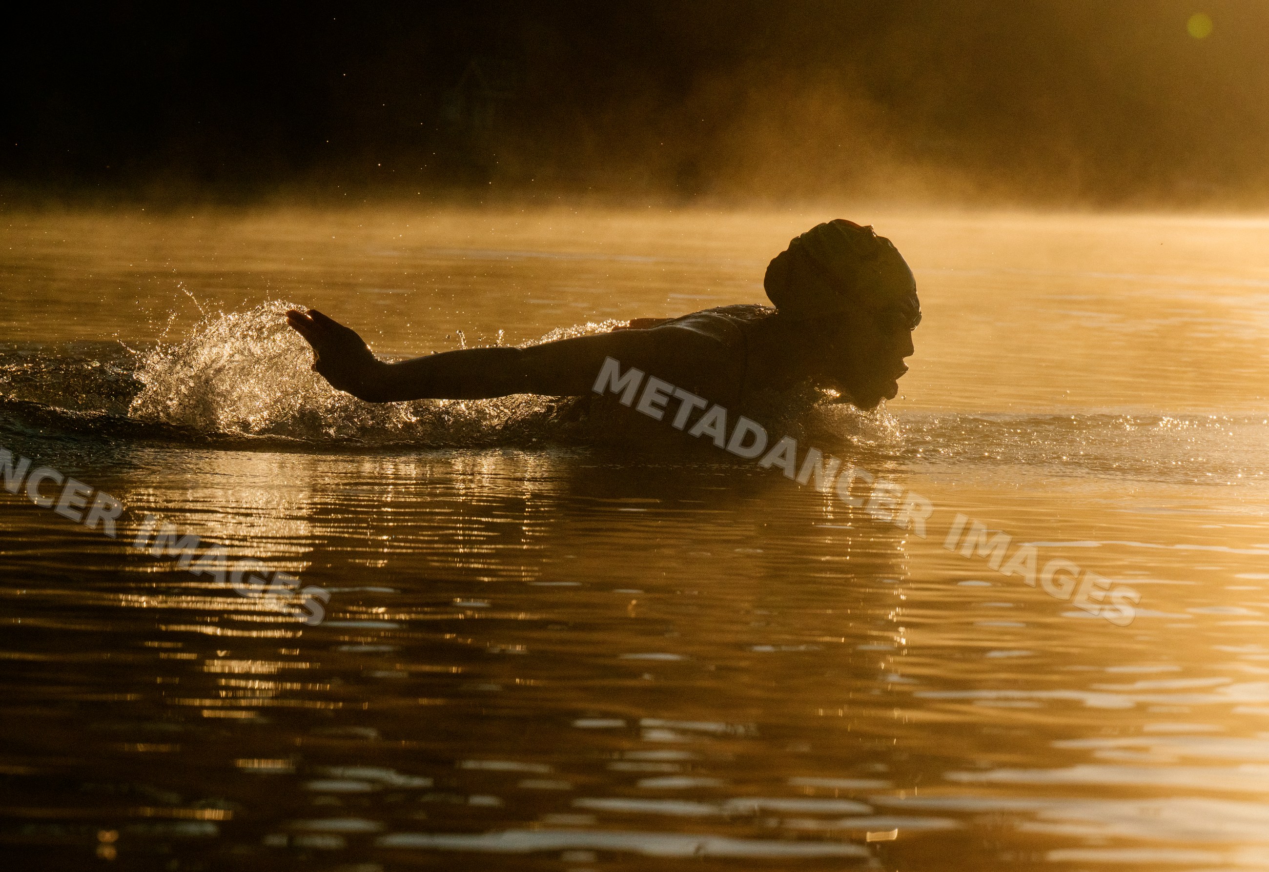White swimmer performing stroke in open water with sunrise lighting