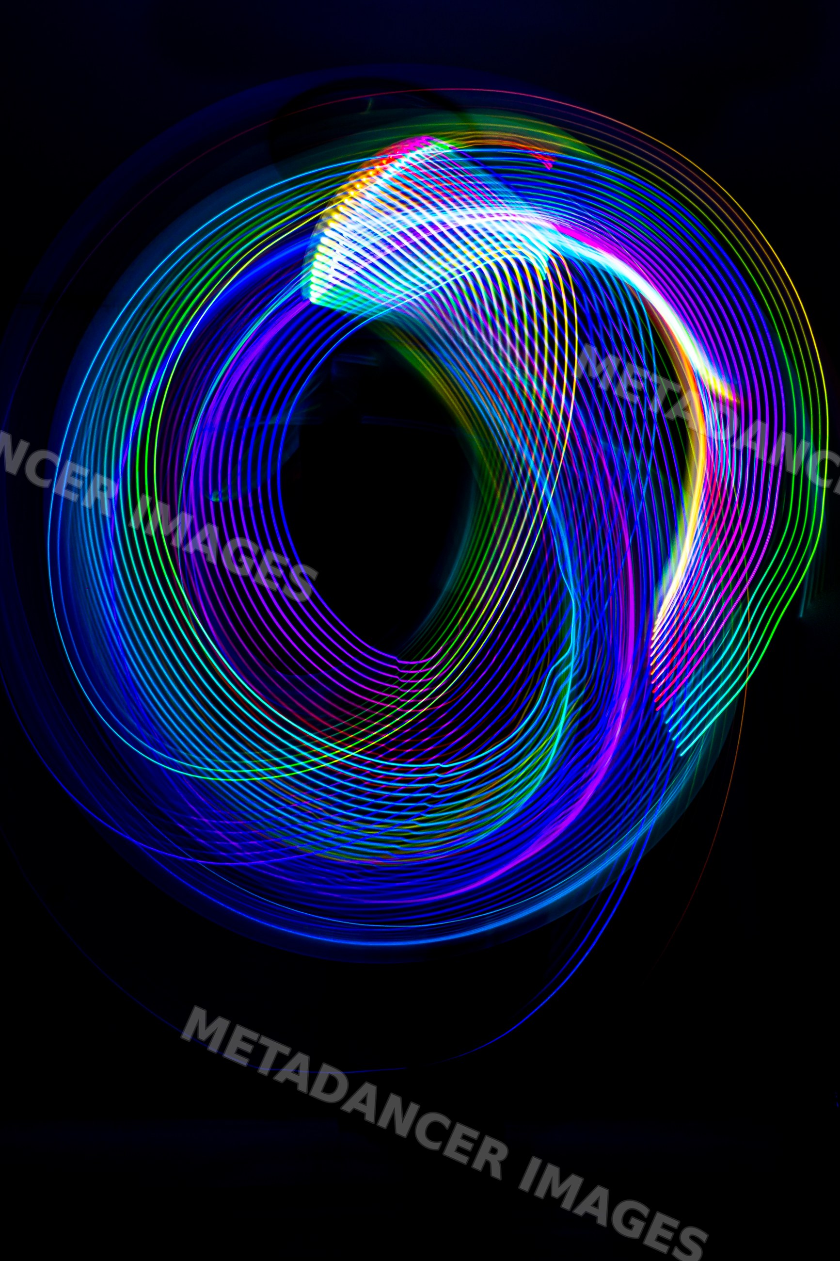 Colorful LED light painting with vibrant swirling spirals