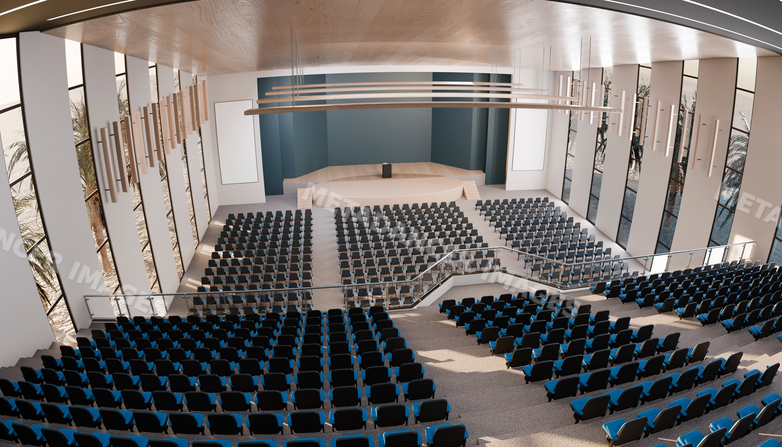 Conference hall with stage and tiered auditorium seating